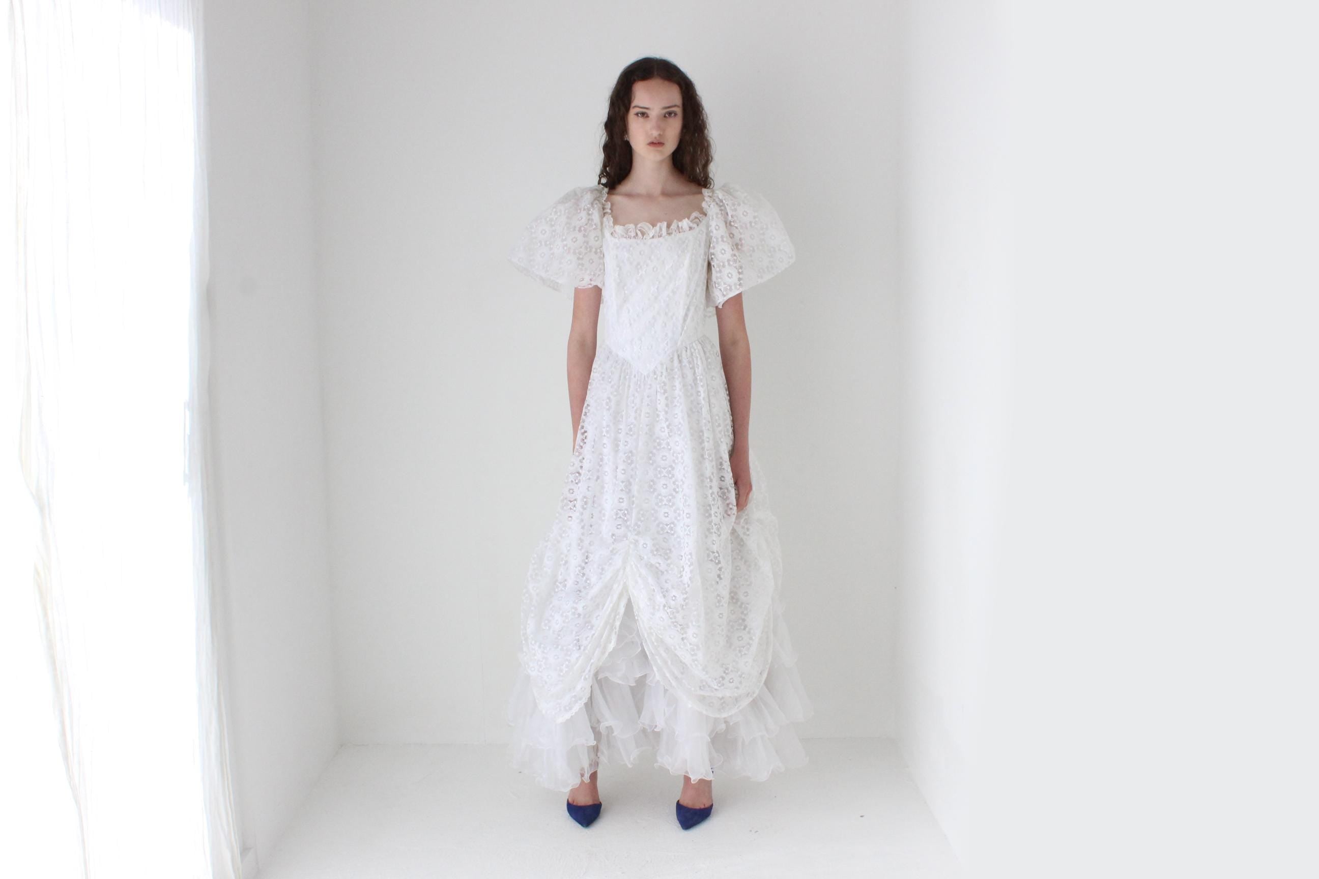 1980s Lace & Puff Sleeve Gathered Wedding Gown
