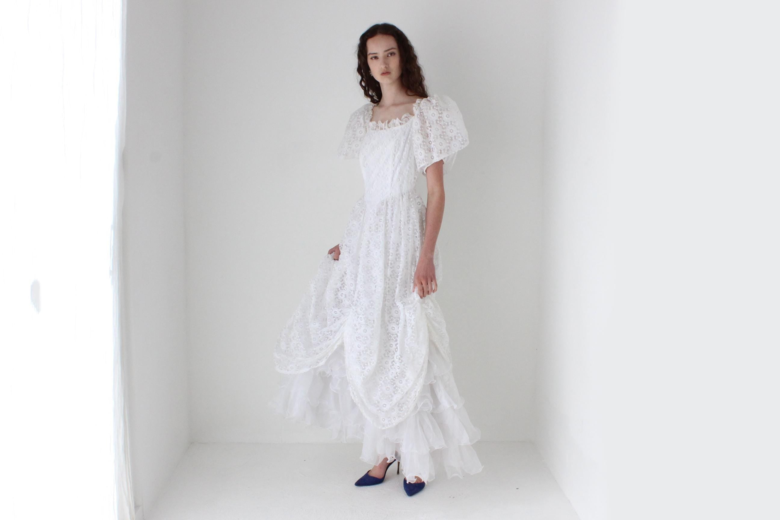 1980s Lace & Puff Sleeve Gathered Wedding Gown