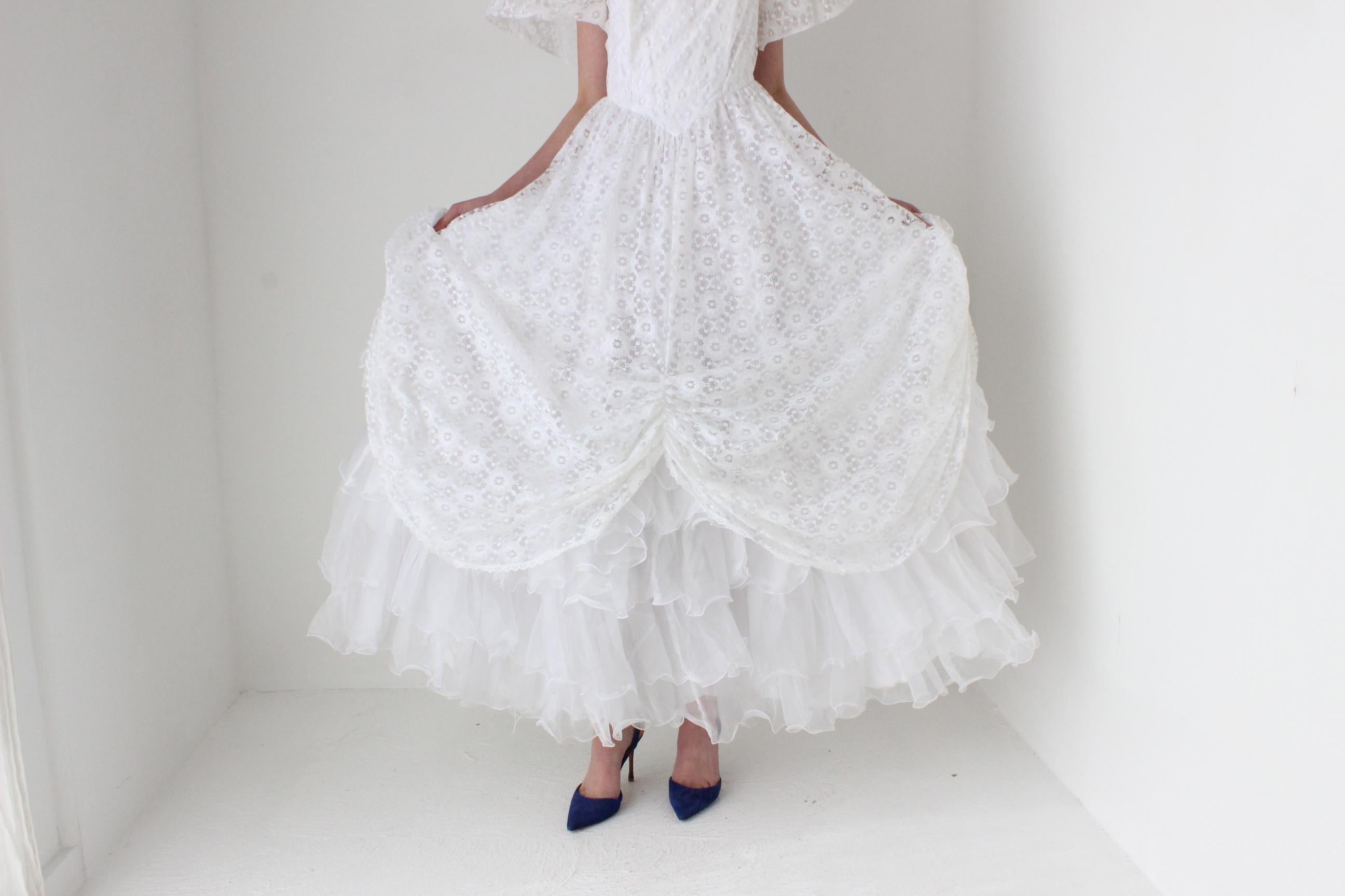 1980s Lace & Puff Sleeve Gathered Wedding Gown