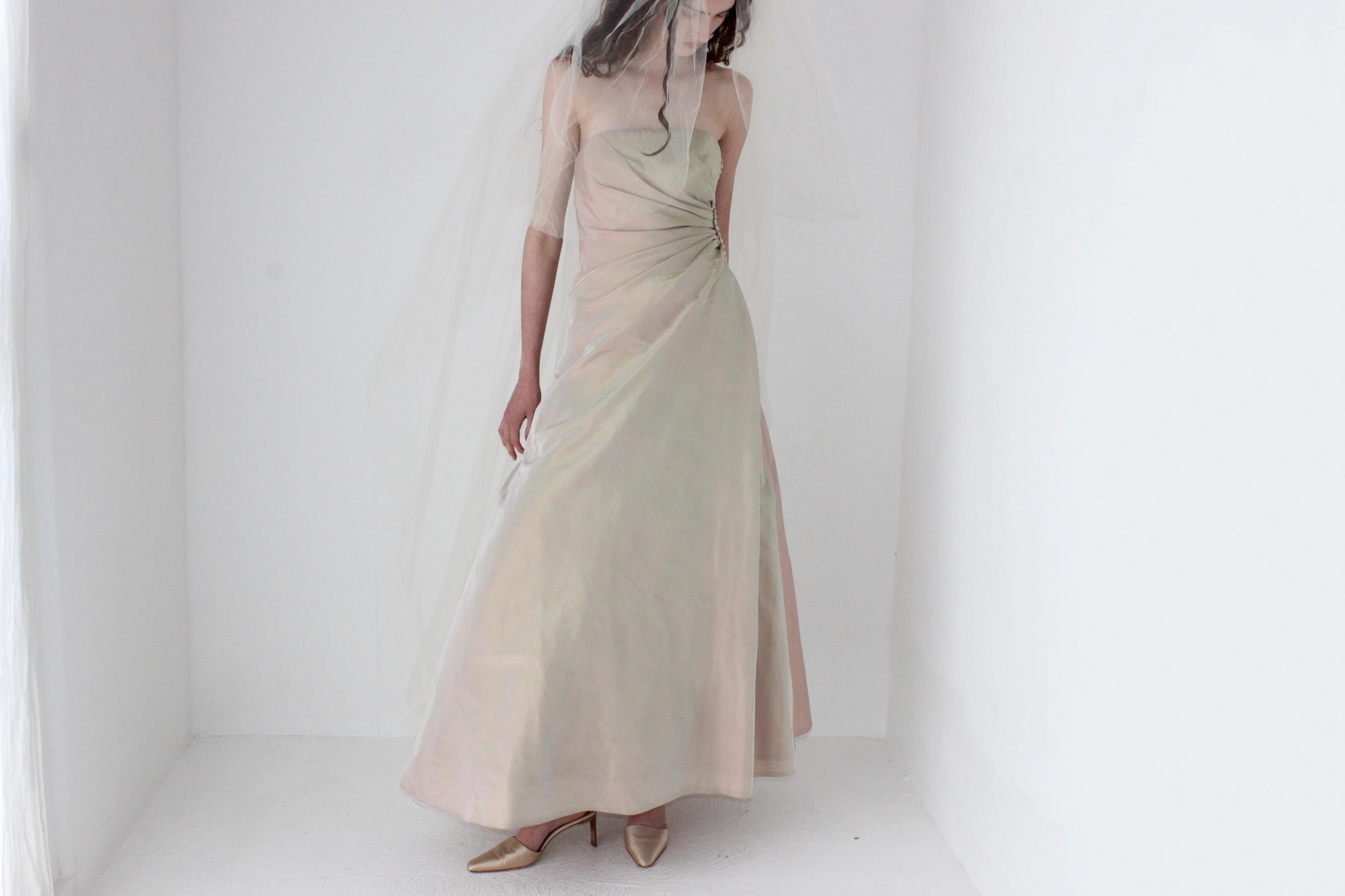 90s Helen Morley Holographic Silk A-Line Gown
