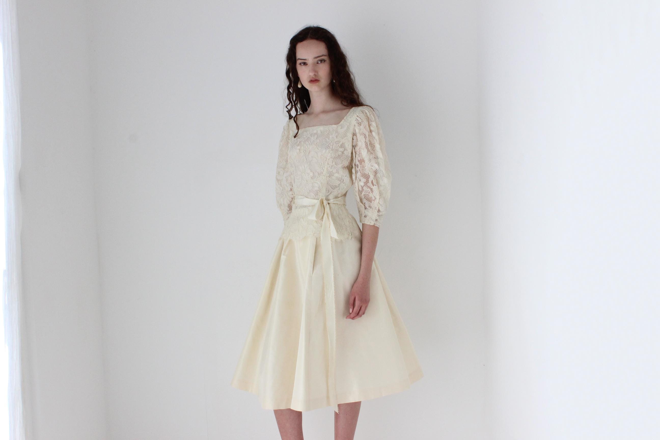 80s Lace & Silk Taffeta Two Piece Set by Lillie Rubin