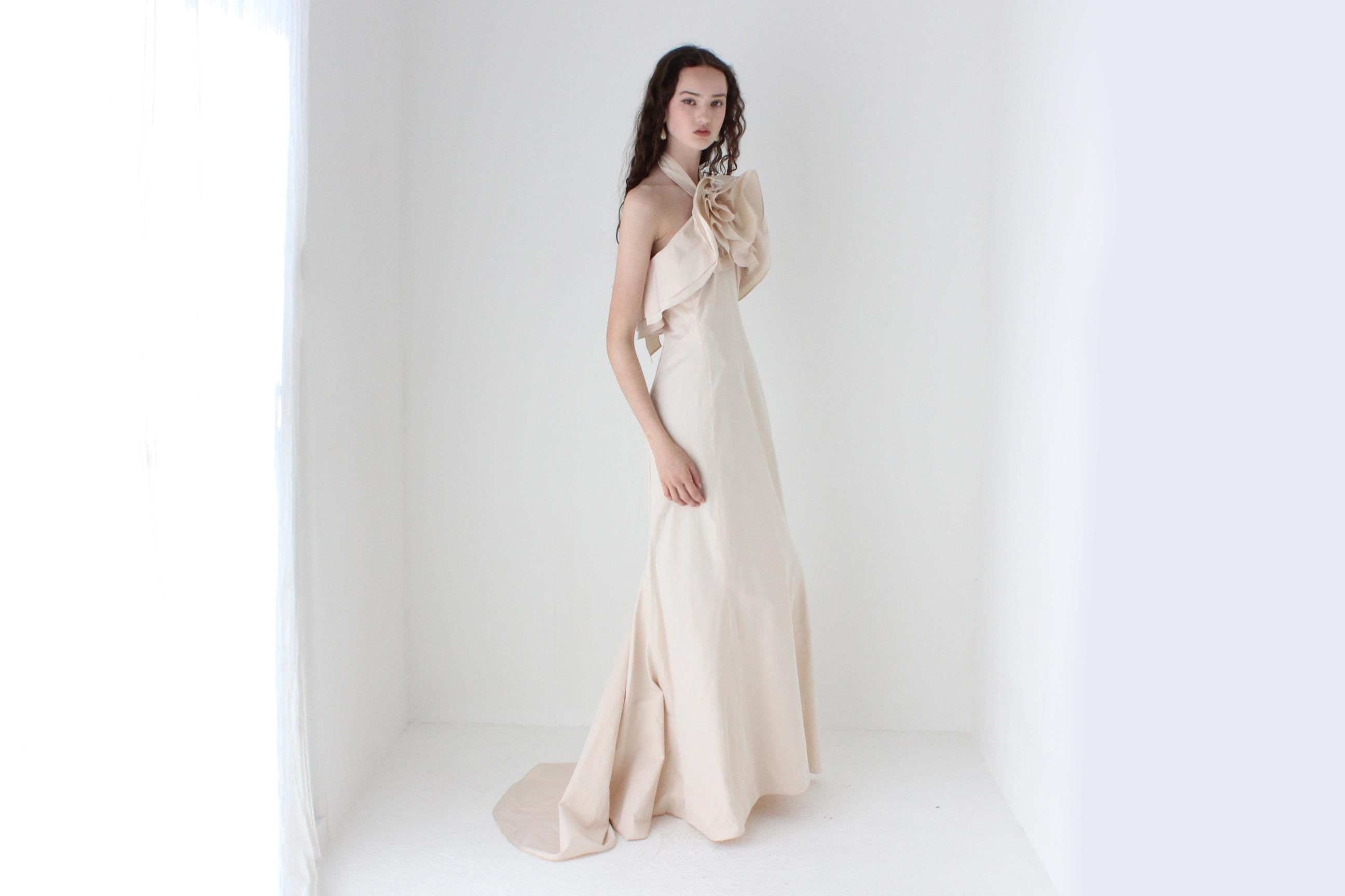 2000s Carla Zampatti Blush Pink Trumpet Hem Gown w/ Big Flower