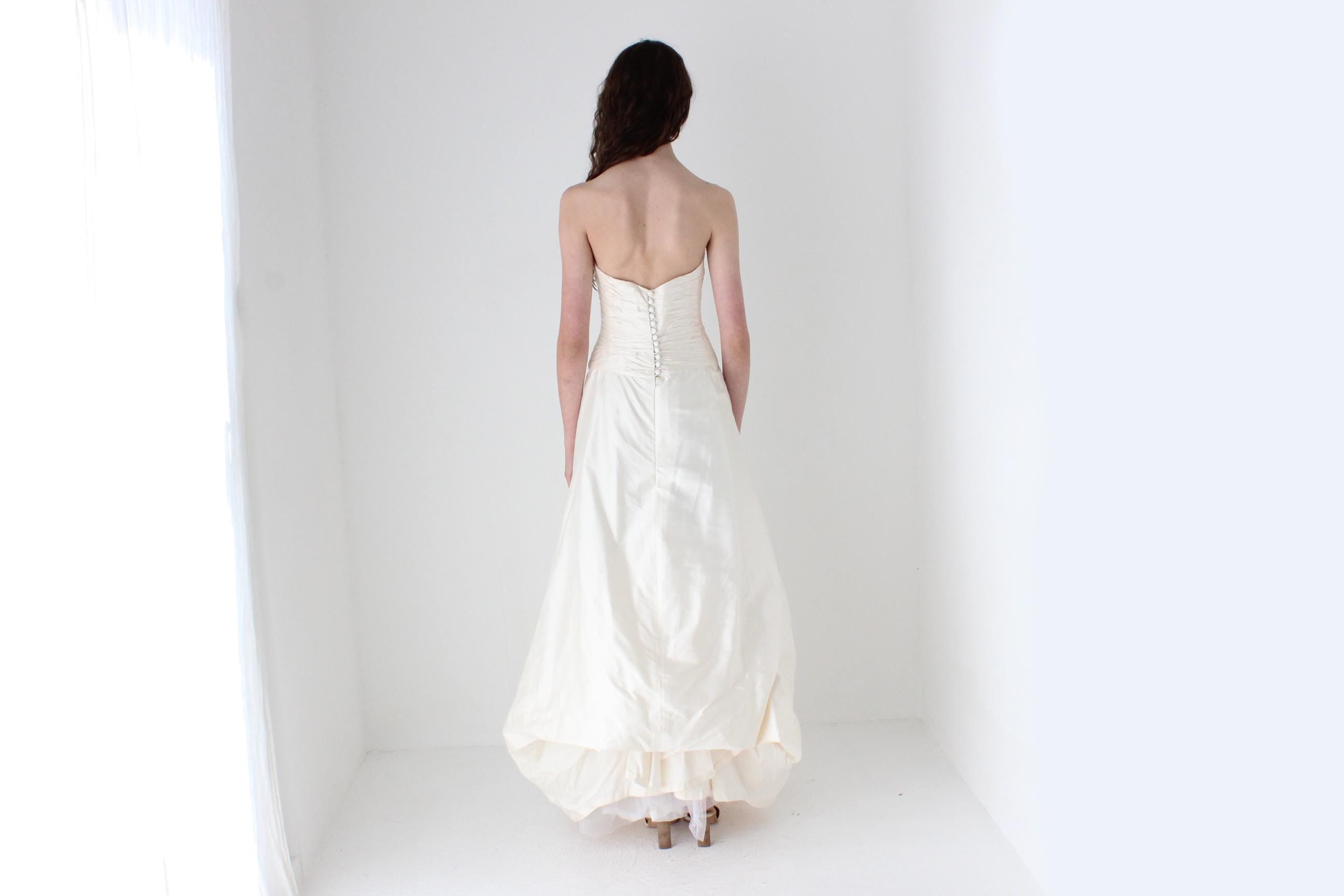 Divine 1990s Raw Silk Strapless Gown w/ Ruching & Rosettes