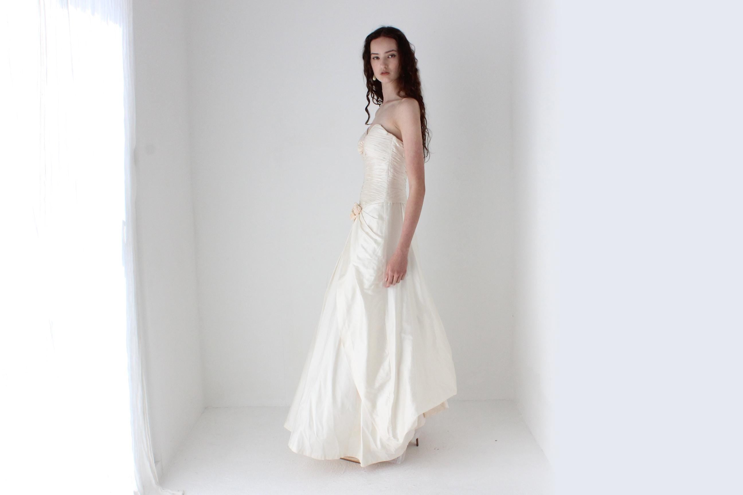Divine 1990s Raw Silk Strapless Gown w/ Ruching & Rosettes