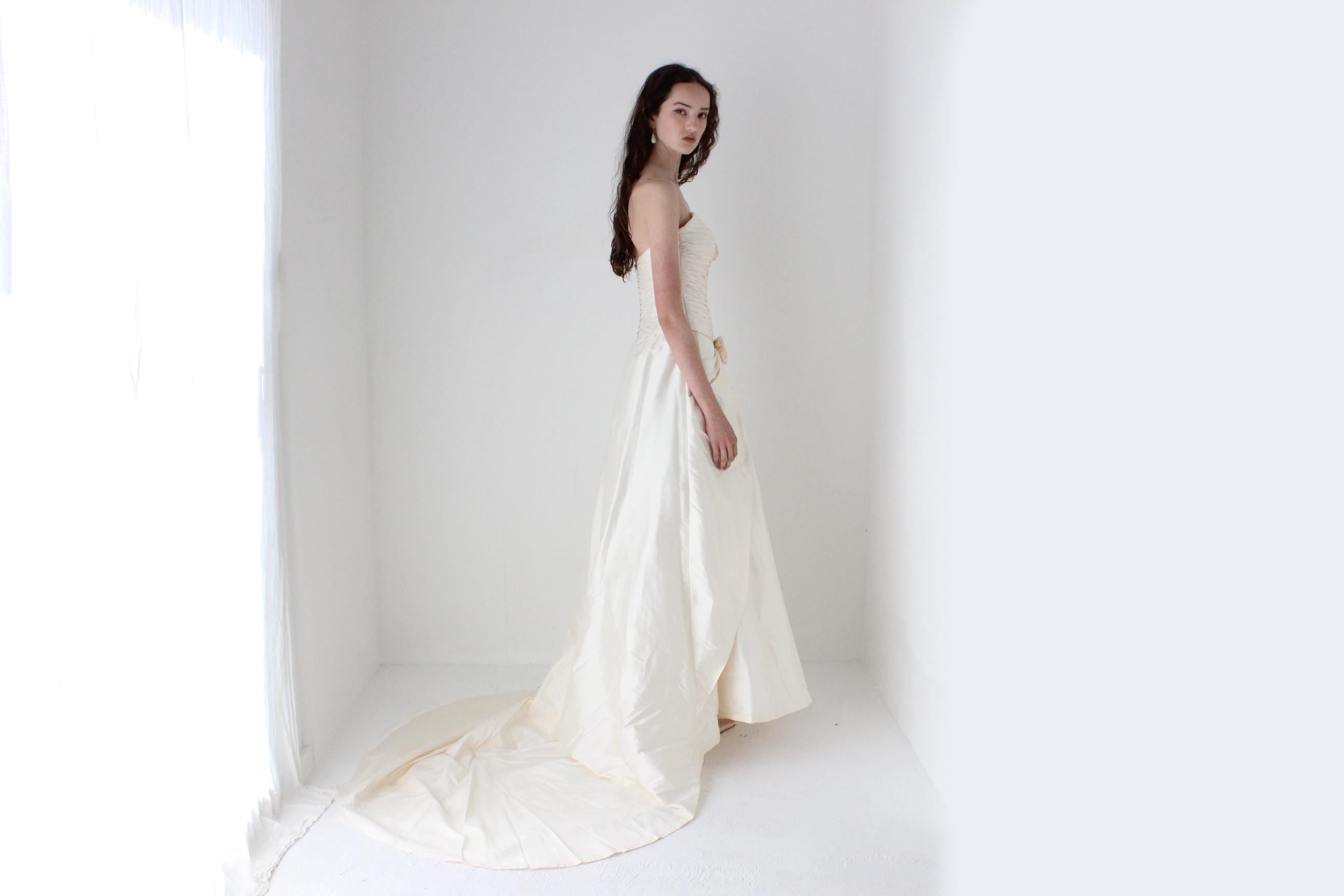 Divine 1990s Raw Silk Strapless Gown w/ Ruching & Rosettes