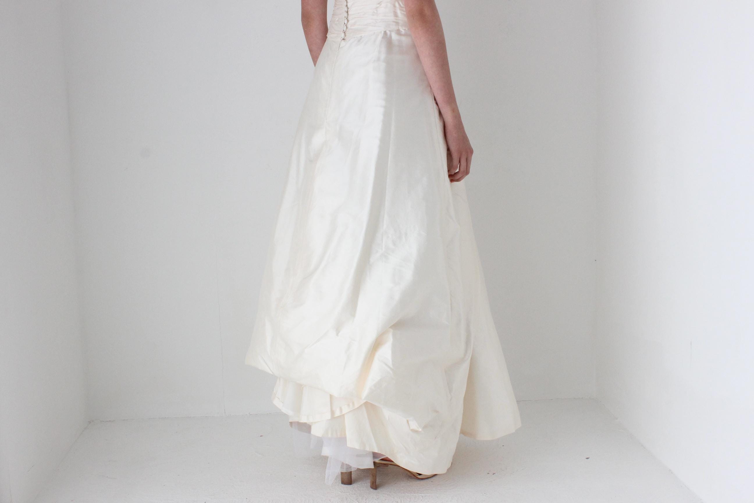 Divine 1990s Raw Silk Strapless Gown w/ Ruching & Rosettes