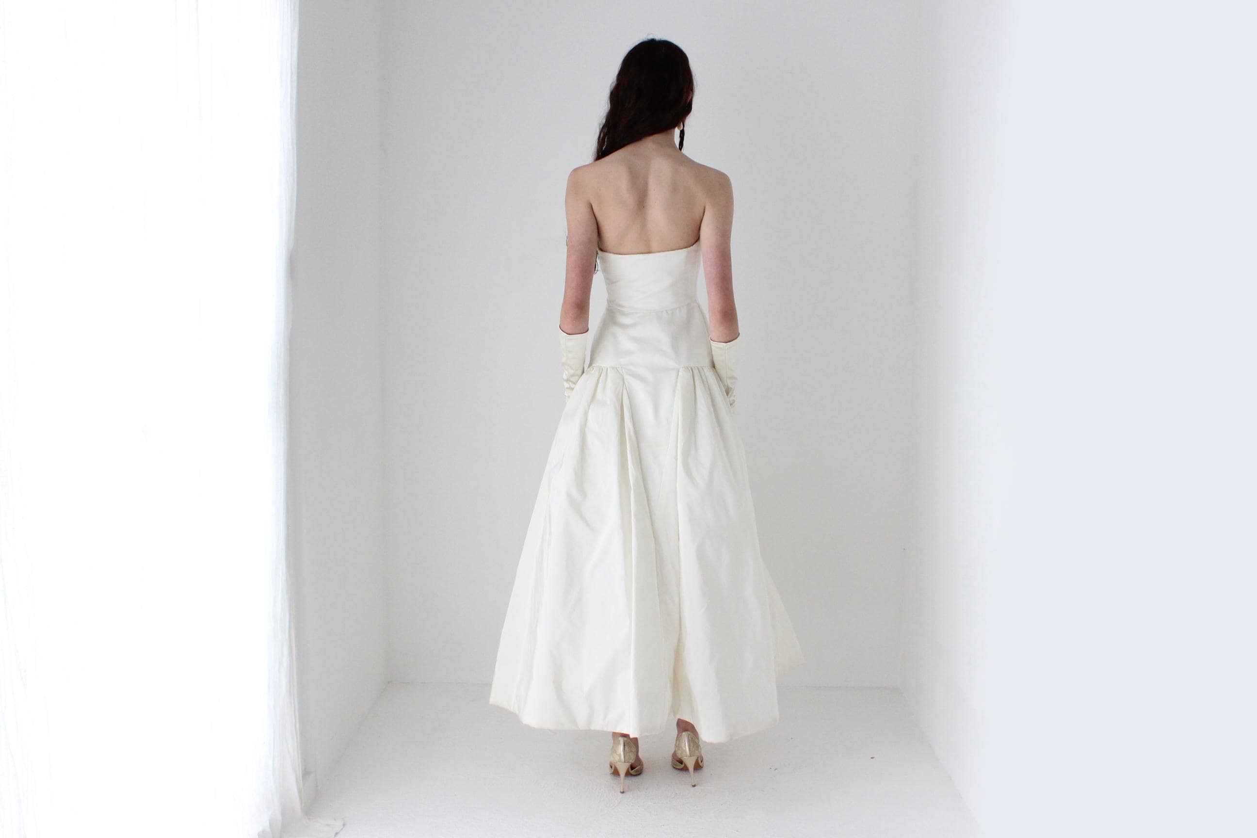 1980s Arnold Scaasi Silk Taffeta Drop Waist Tea Length Puff Gown