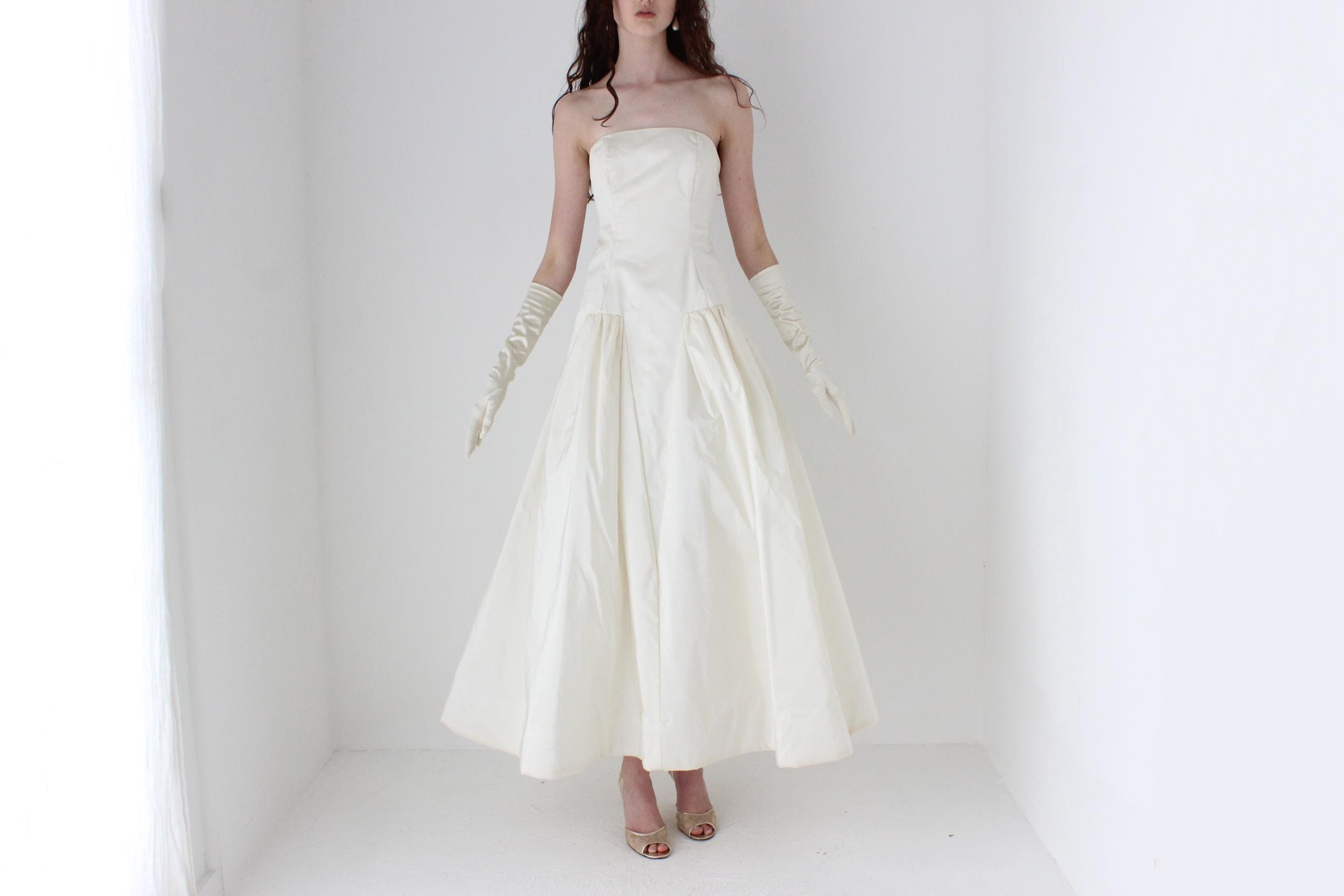 1980s Arnold Scaasi Silk Taffeta Drop Waist Tea Length Puff Gown