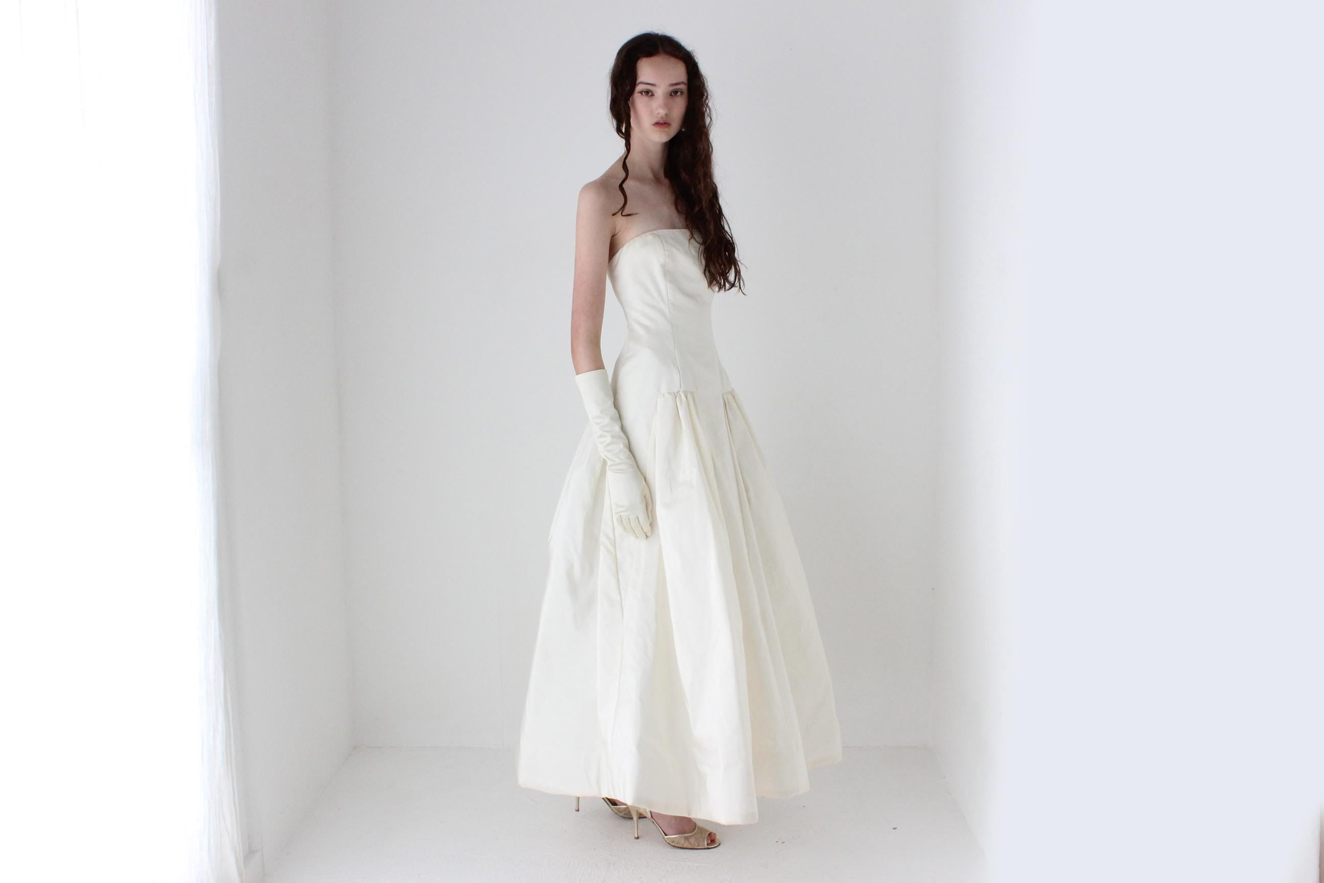 1980s Arnold Scaasi Silk Taffeta Drop Waist Tea Length Puff Gown