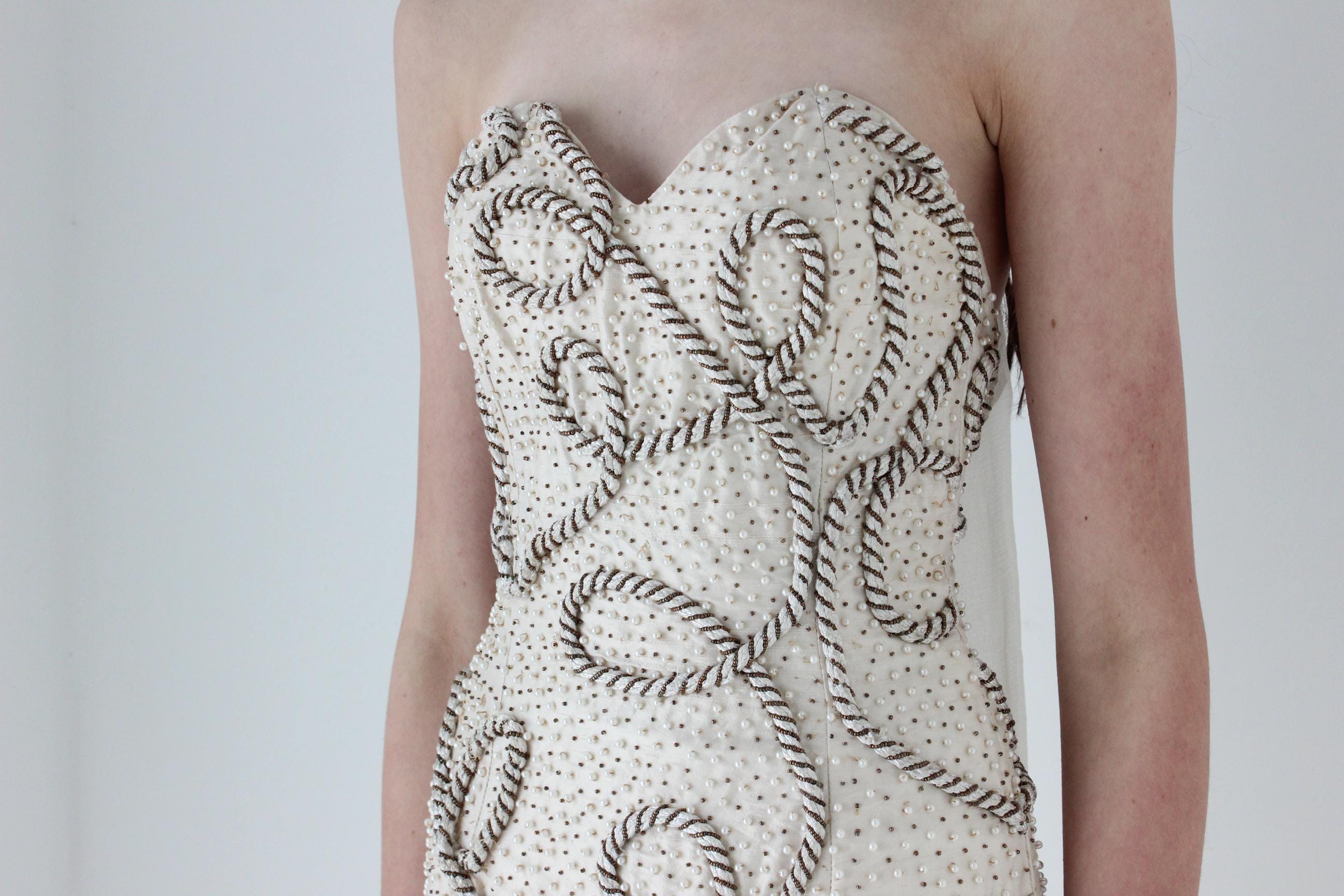 1980s Raw Silk Strapless Hourglass Gown w/ Ropes & Beading