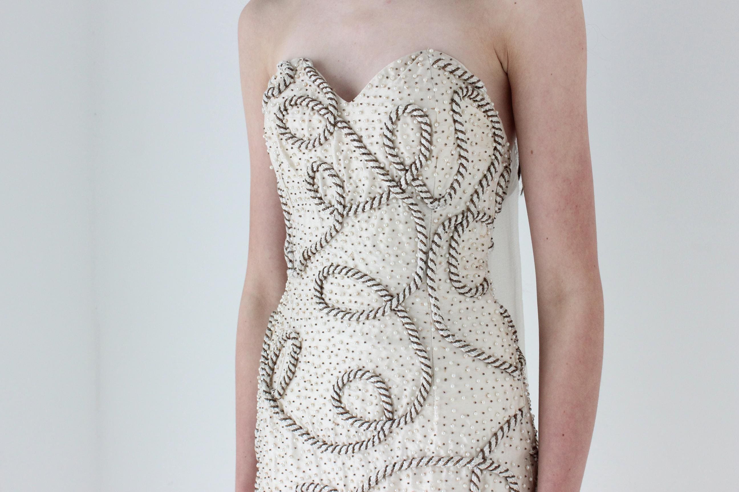 1980s Raw Silk Strapless Hourglass Gown w/ Ropes & Beading