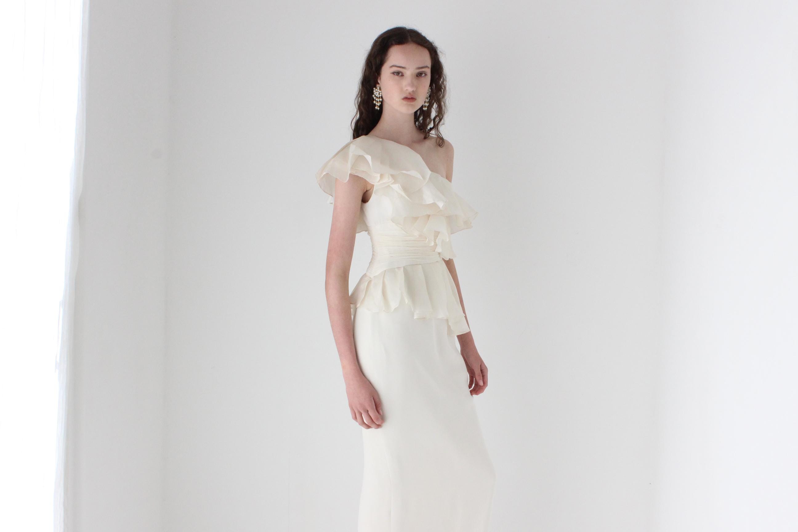 2000s Marchesa Notte Ruffled Silk Organza Column Gown