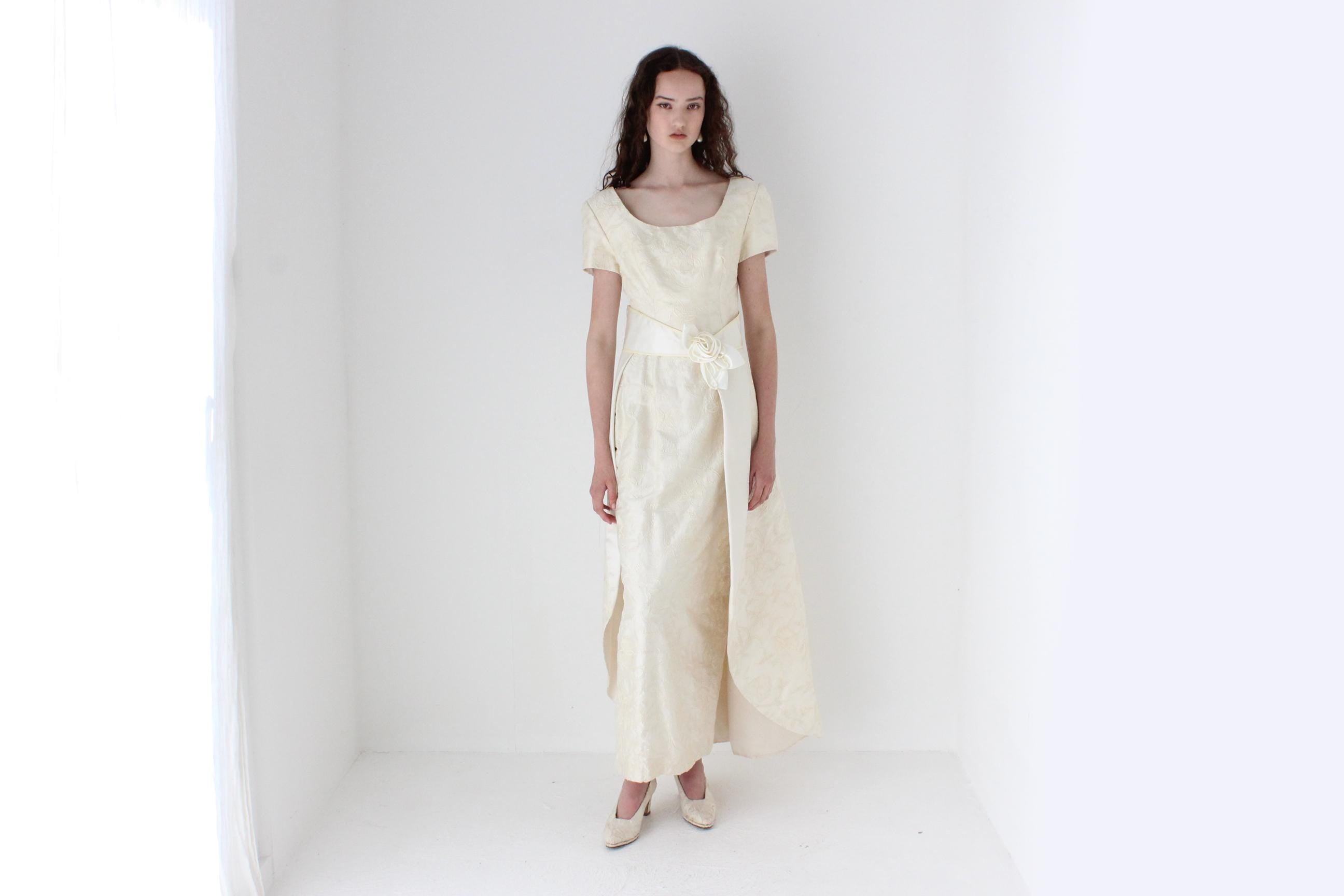 Custom 1990s Thai Silk Scoop Neck Column Gown w/ Detachable Train