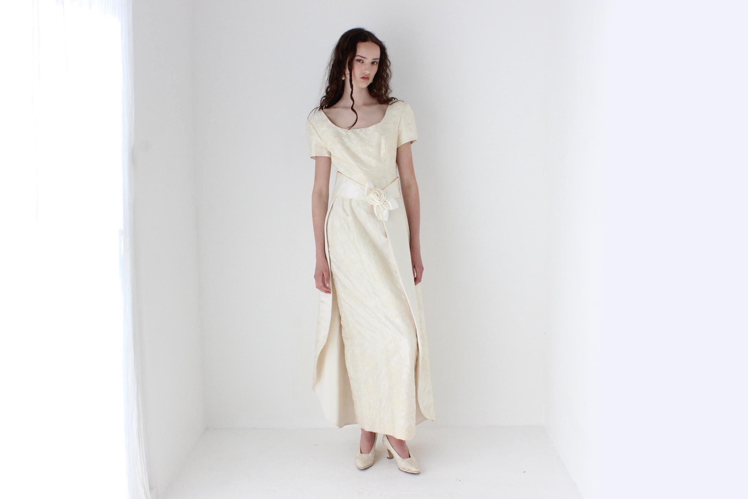 Custom 1990s Thai Silk Scoop Neck Column Gown w/ Detachable Train