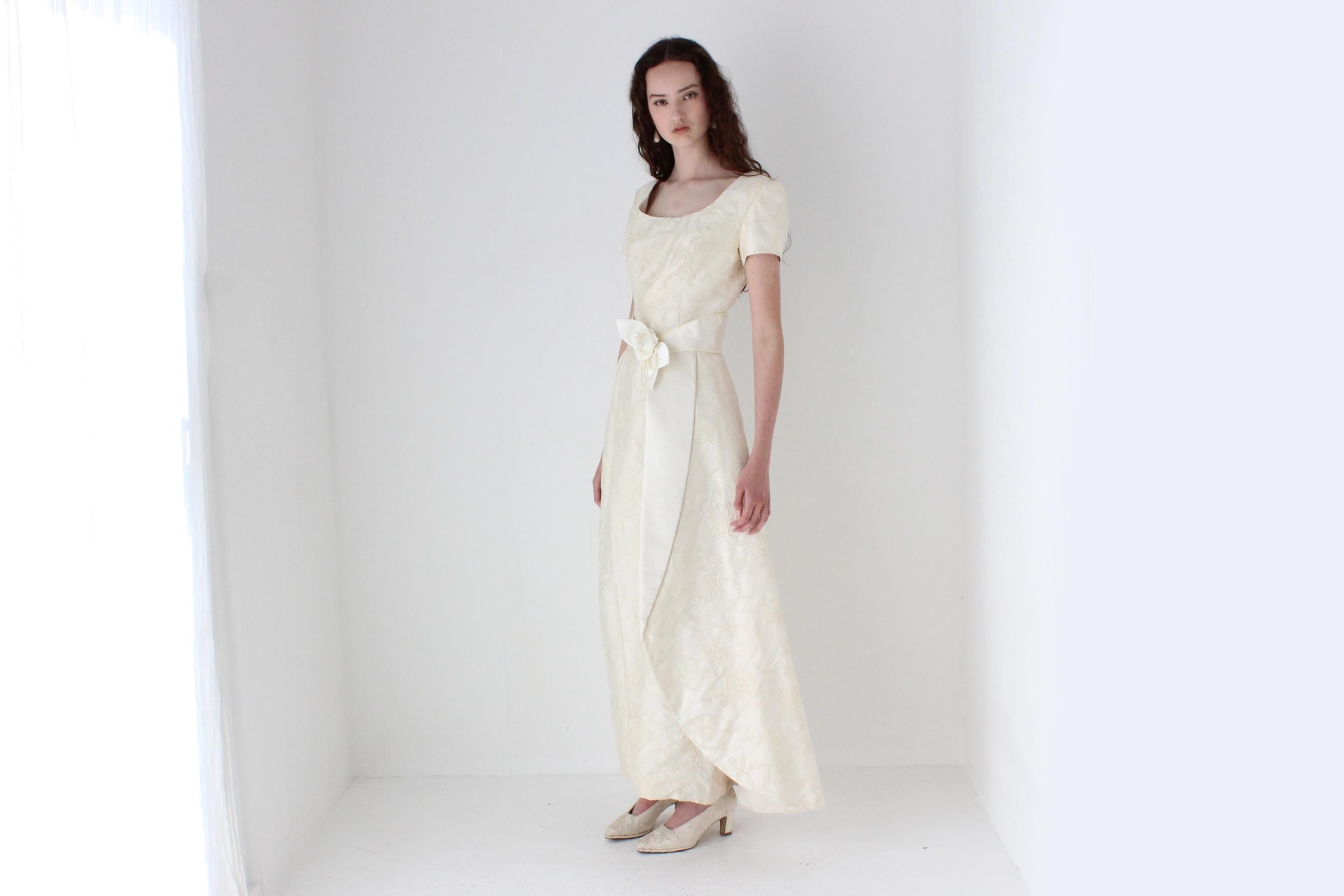 Custom 1990s Thai Silk Scoop Neck Column Gown w/ Detachable Train
