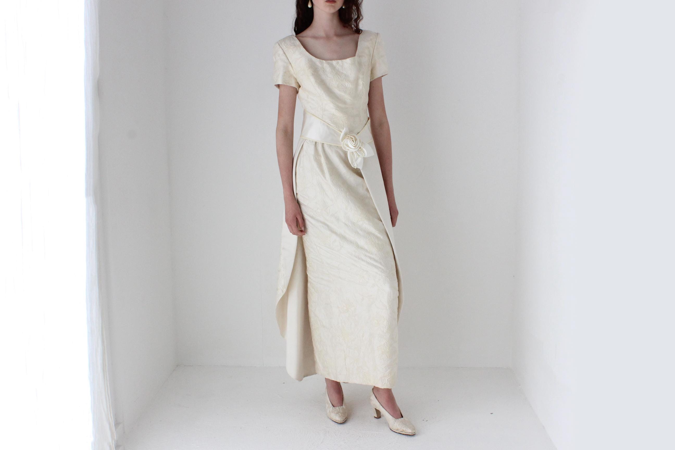 Custom 1990s Thai Silk Scoop Neck Column Gown w/ Detachable Train