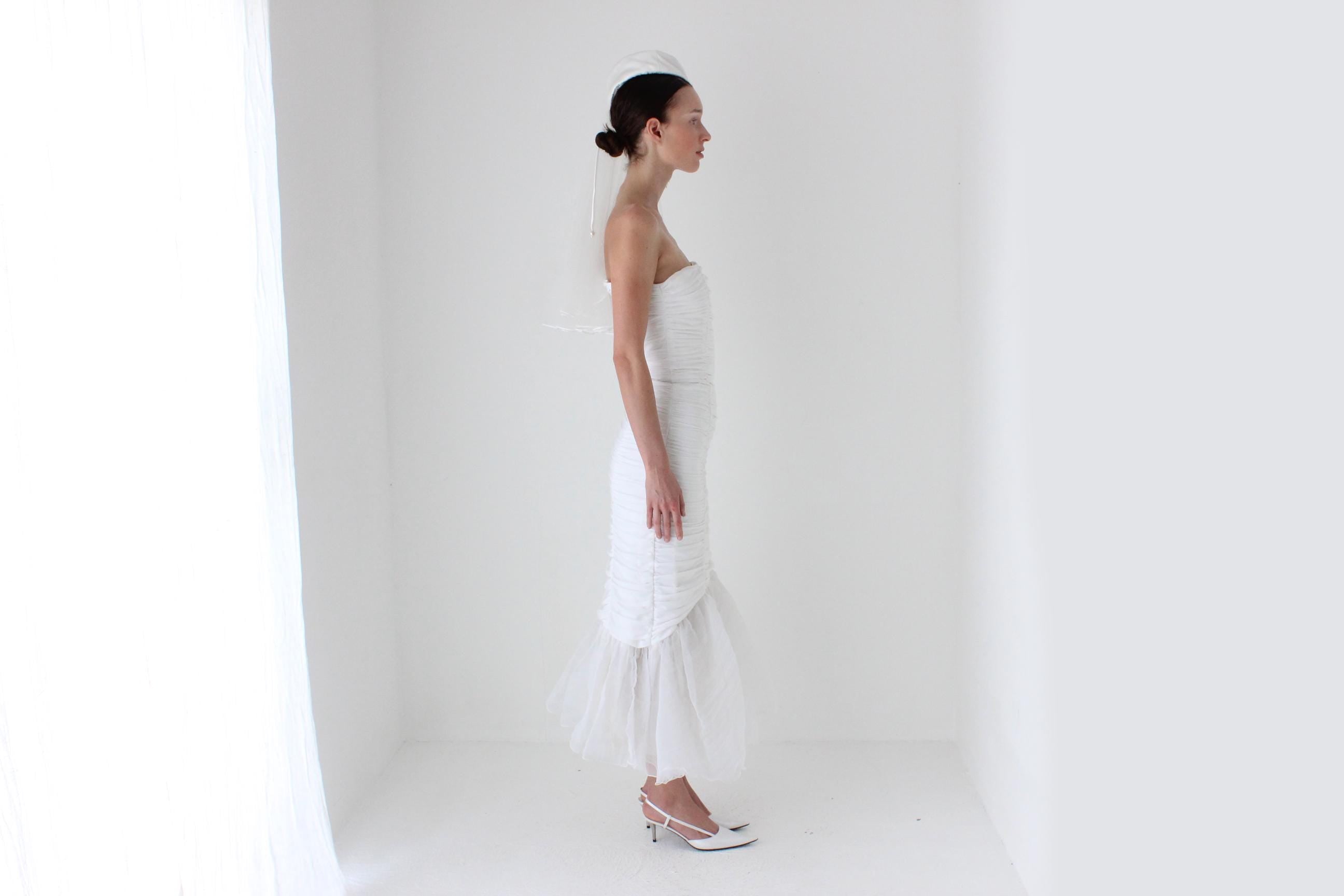 80s Ruched Mermaid Dress w/ Organza Puff Skirt