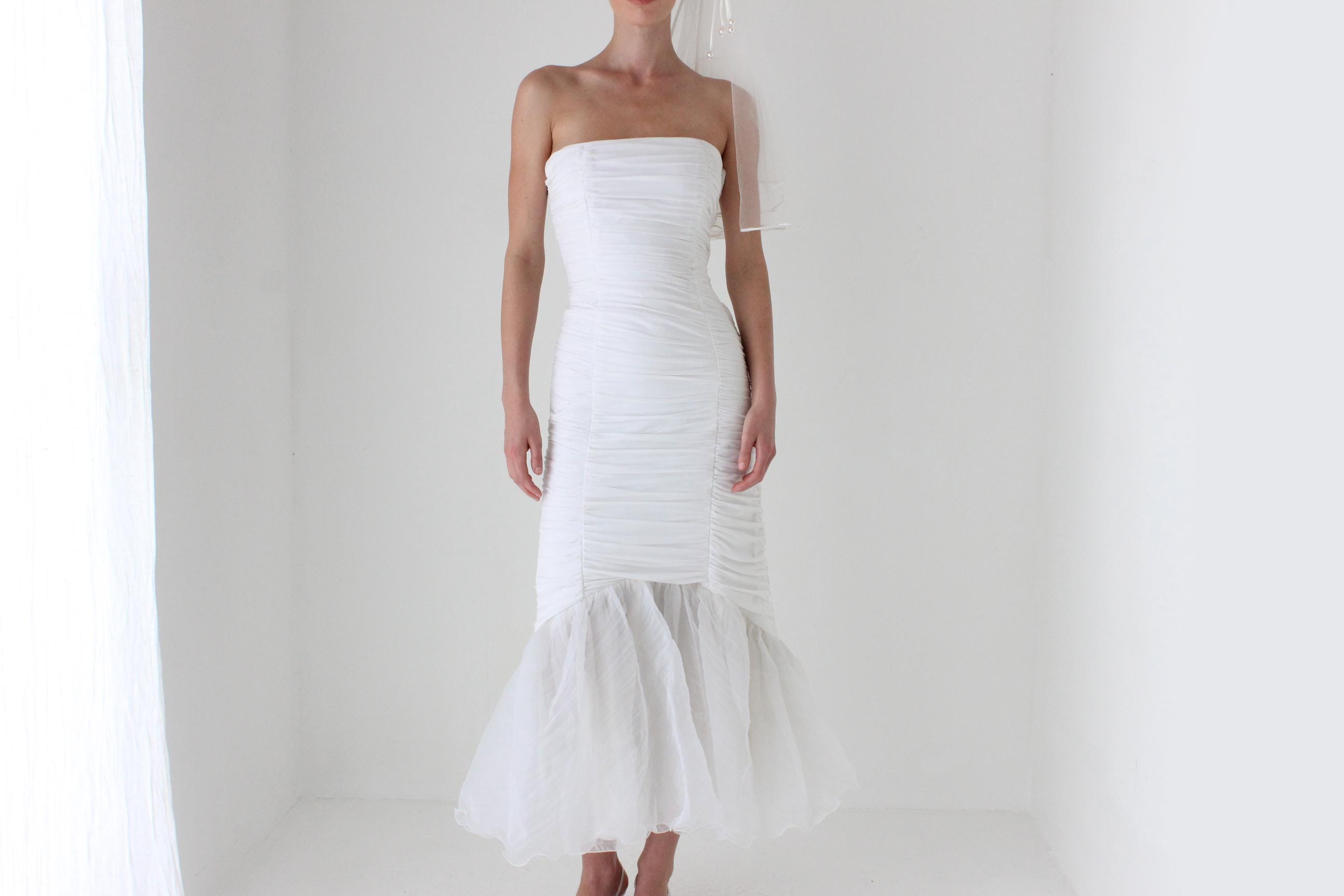 80s Ruched Mermaid Dress w/ Organza Puff Skirt
