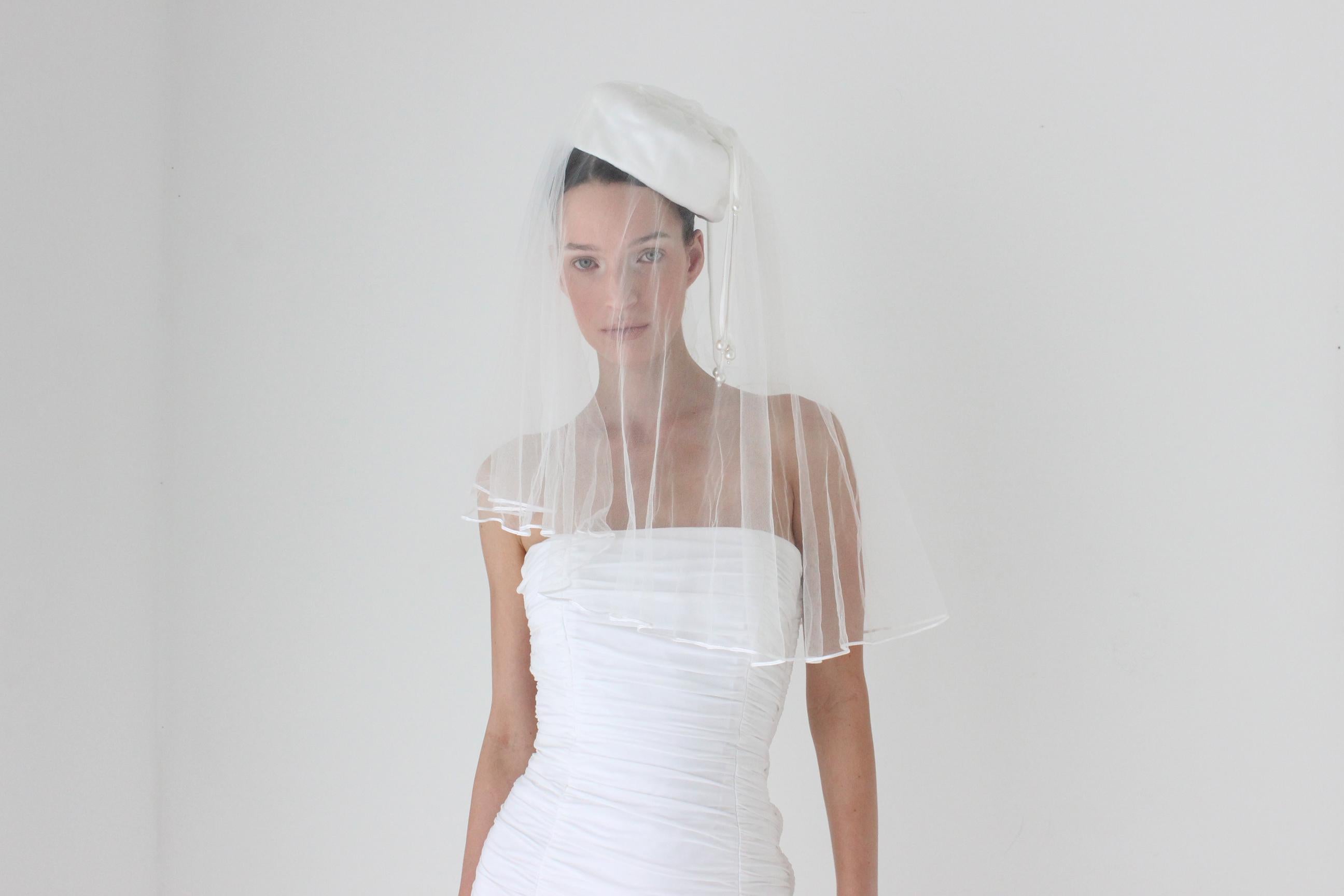 80s Satin Pillbox Bridal Hat w/ Veil