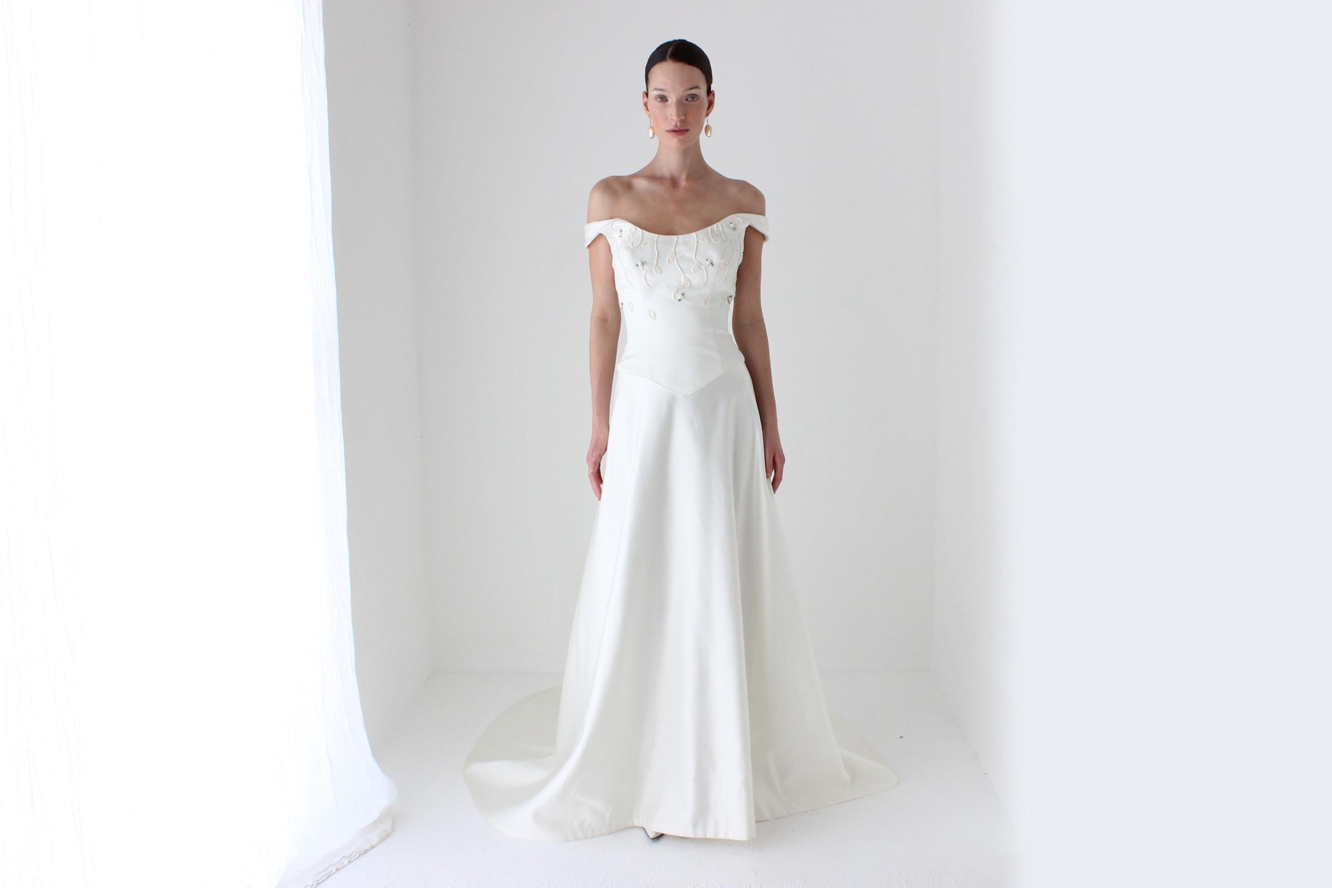 Romantic 1990s Duchess Satin Pearl Bodice Wedding Gown