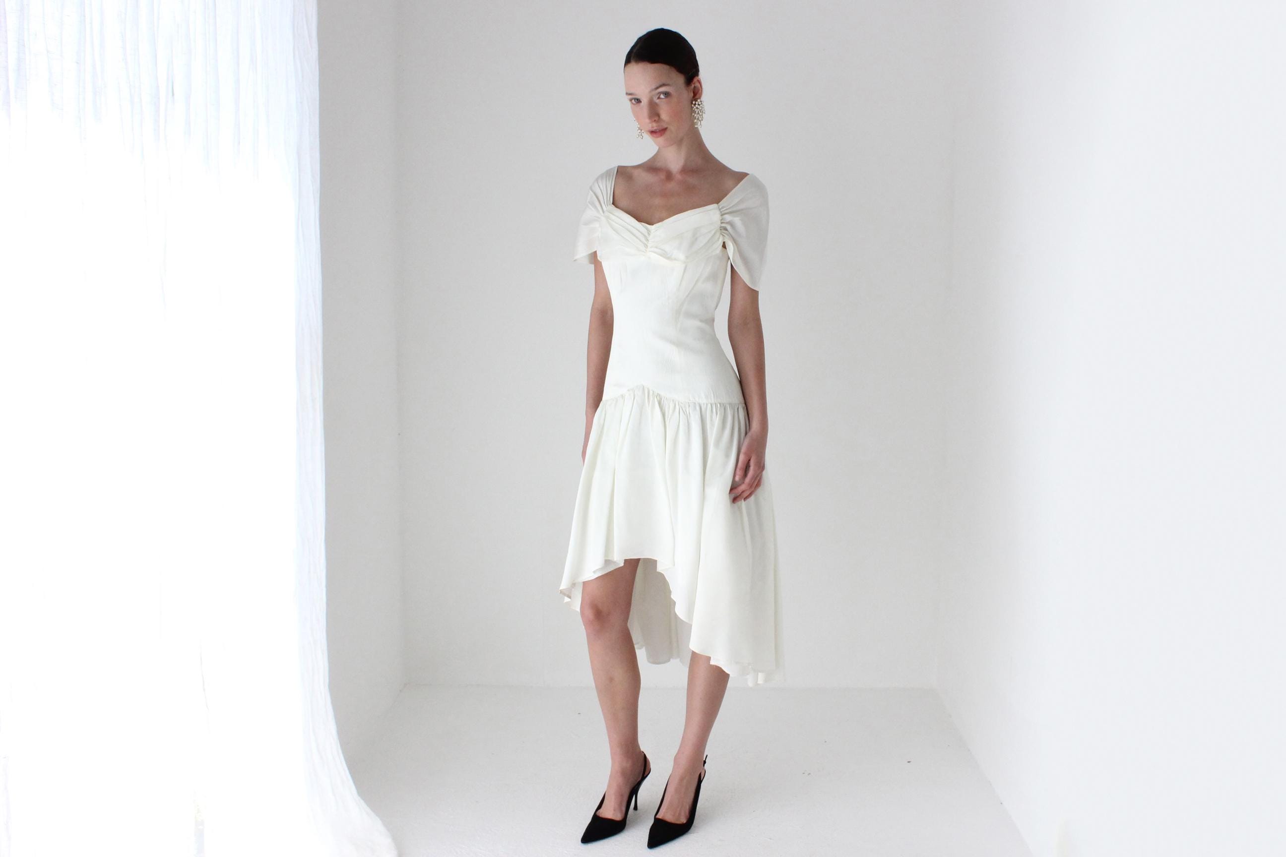 80s French Vintage Taffeta Drop Waist Party Dress