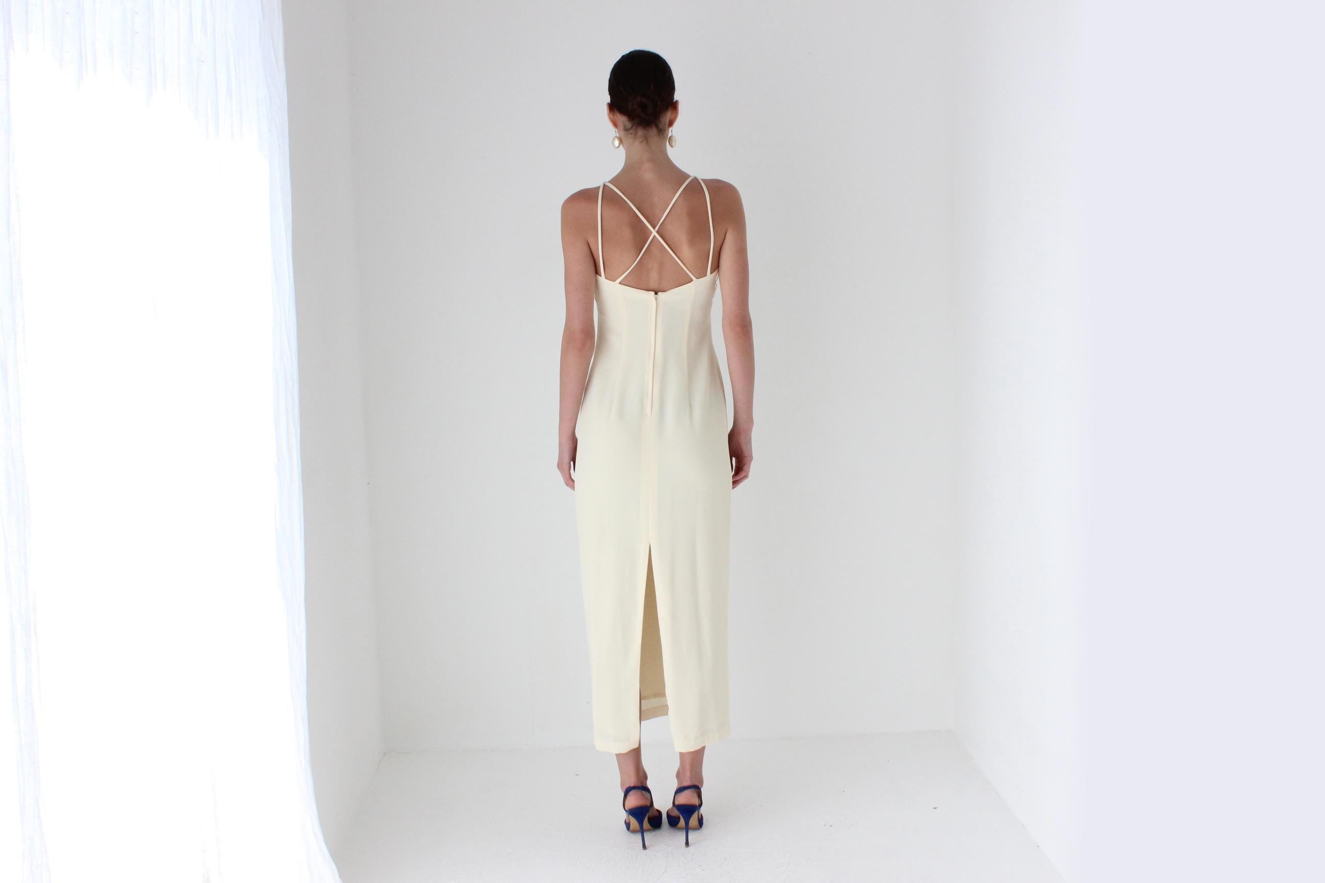 90s Mr K Embroidered Halter Column Gown