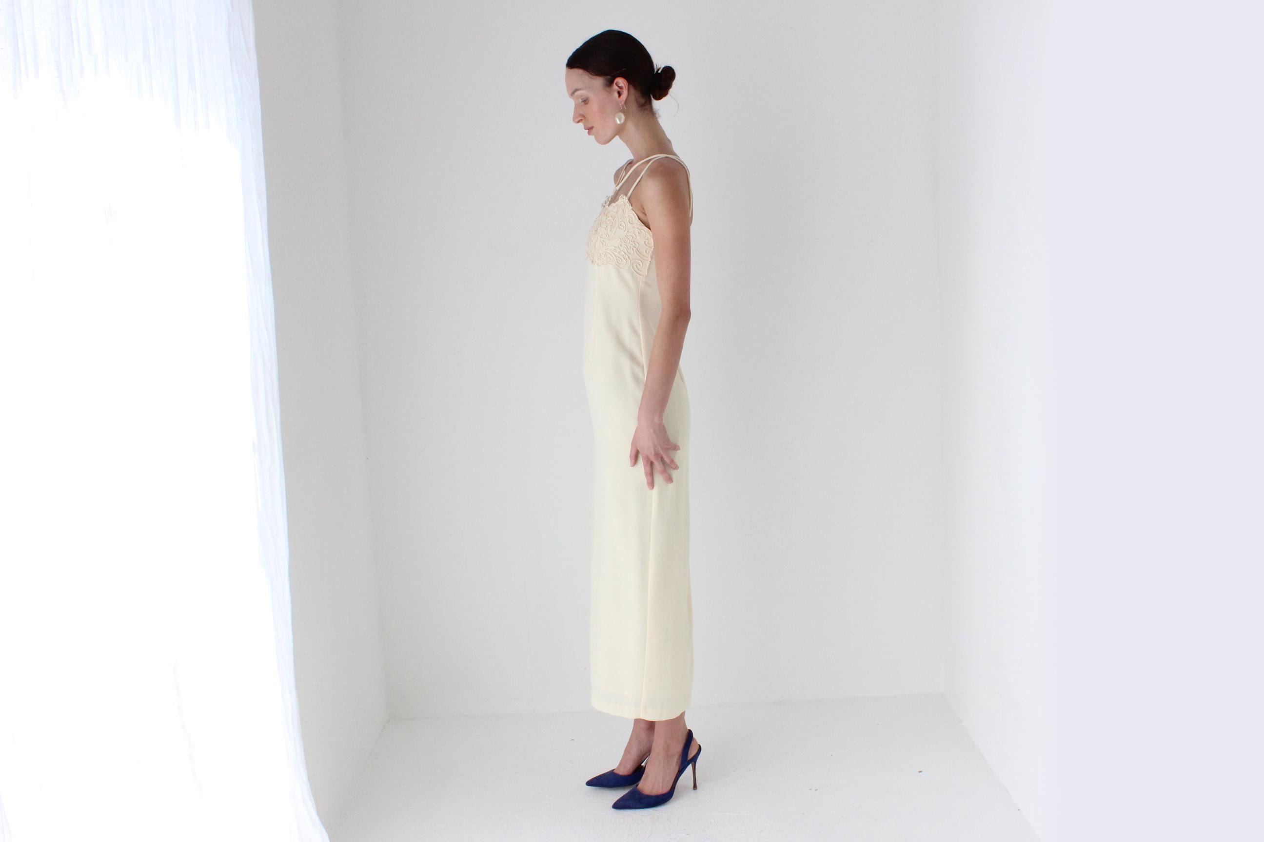 90s Mr K Embroidered Halter Column Gown