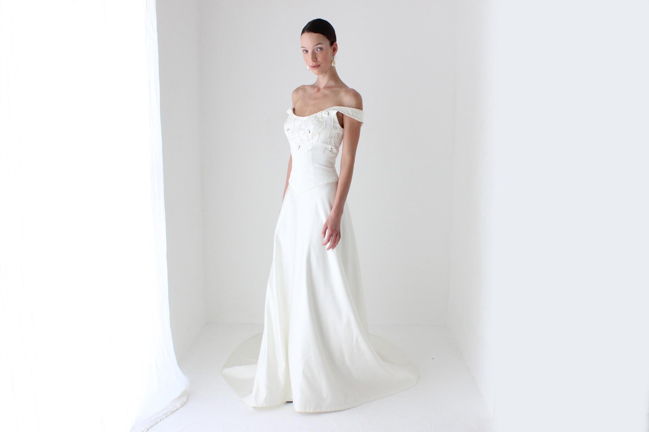 Romantic 1990s Duchess Satin Pearl Bodice Wedding Gown