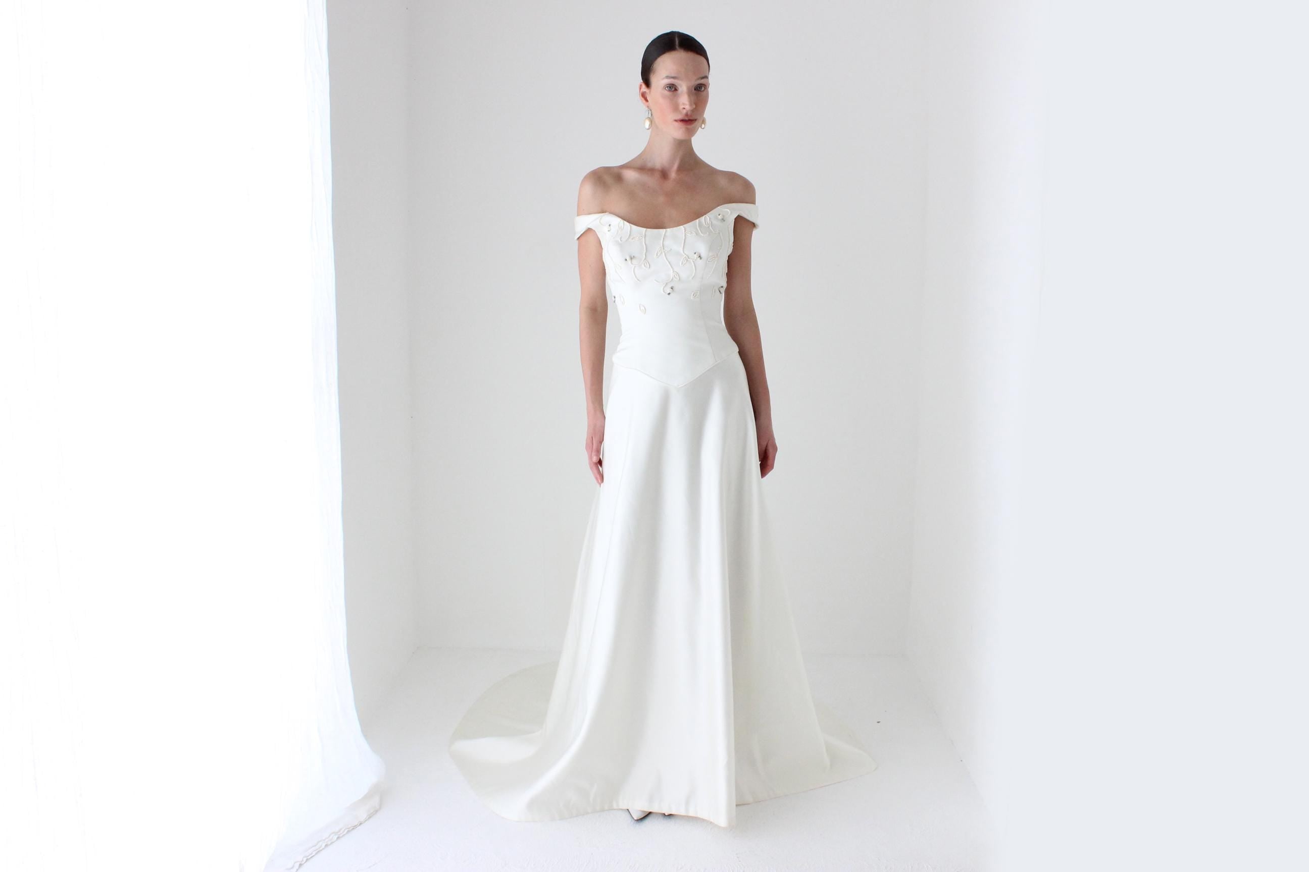 Romantic 1990s Duchess Satin Pearl Bodice Wedding Gown