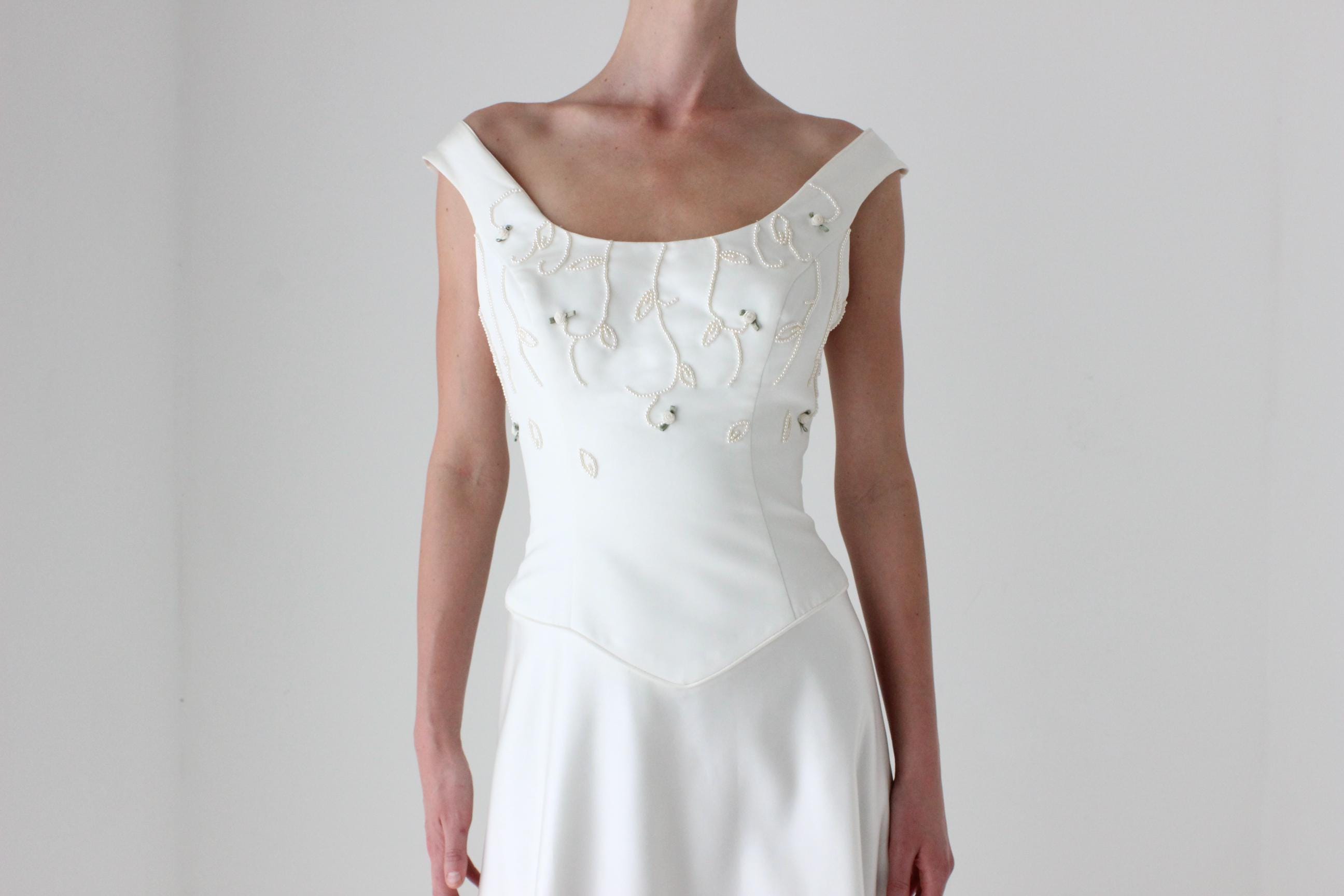 Romantic 1990s Duchess Satin Pearl Bodice Wedding Gown