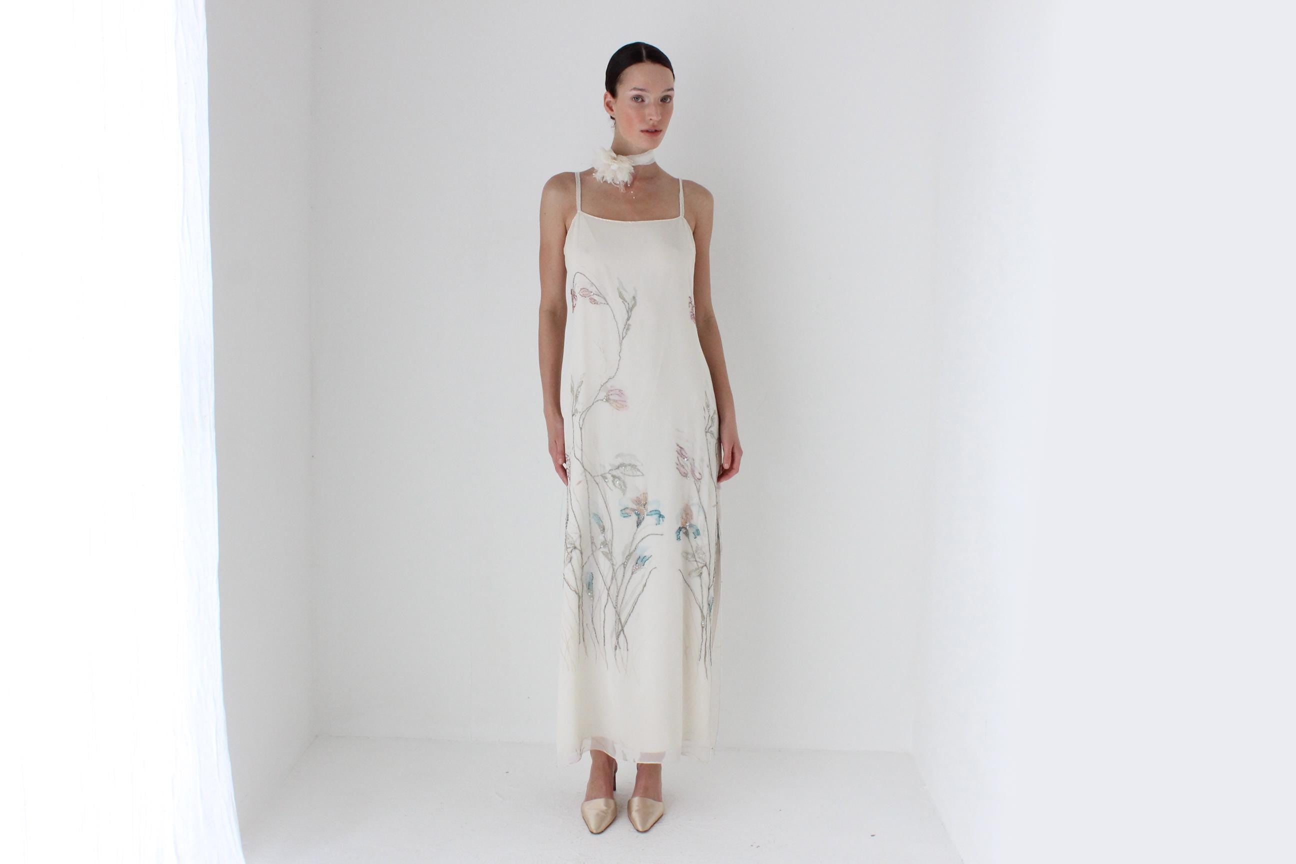 90s Pure Silk Painterly Floral Wearable Art Slip