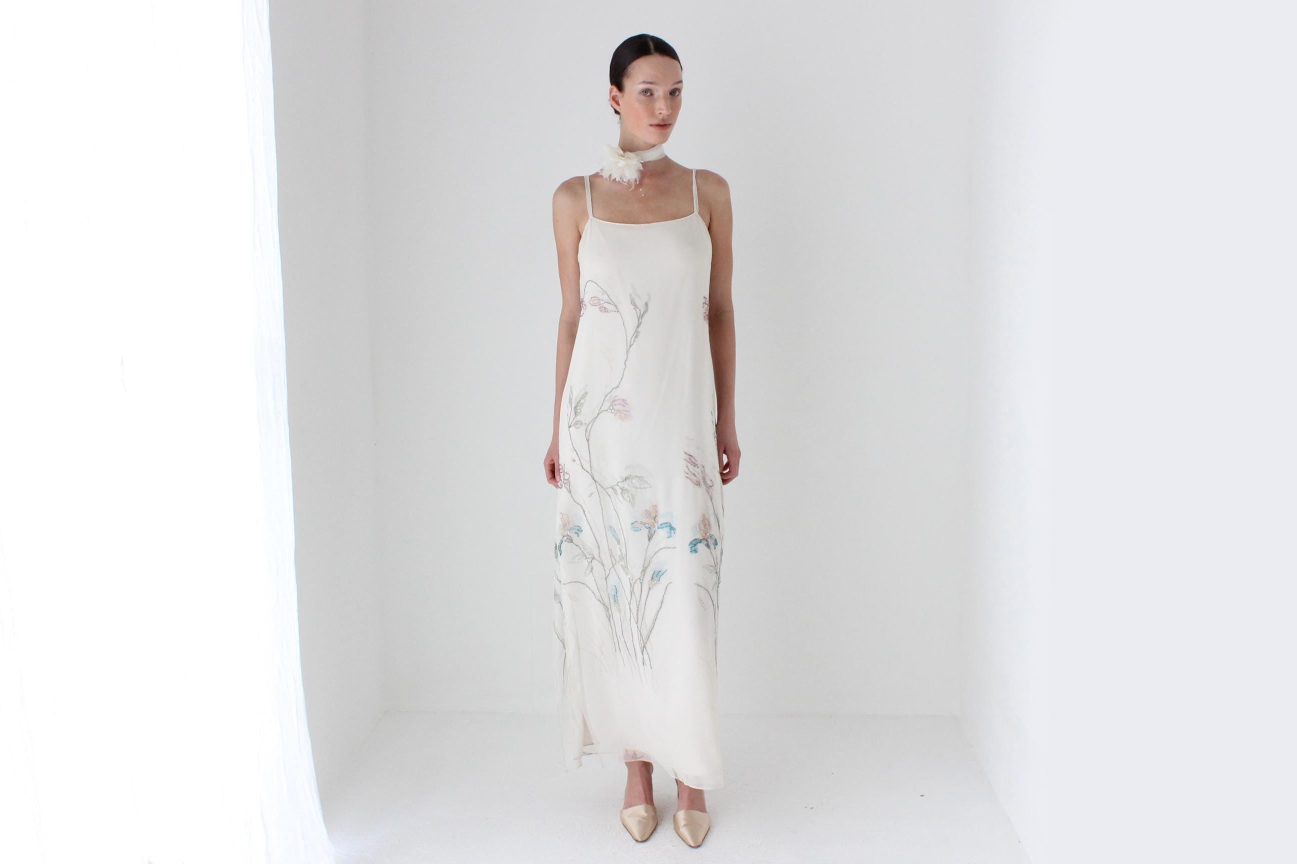 90s Pure Silk Painterly Floral Wearable Art Slip