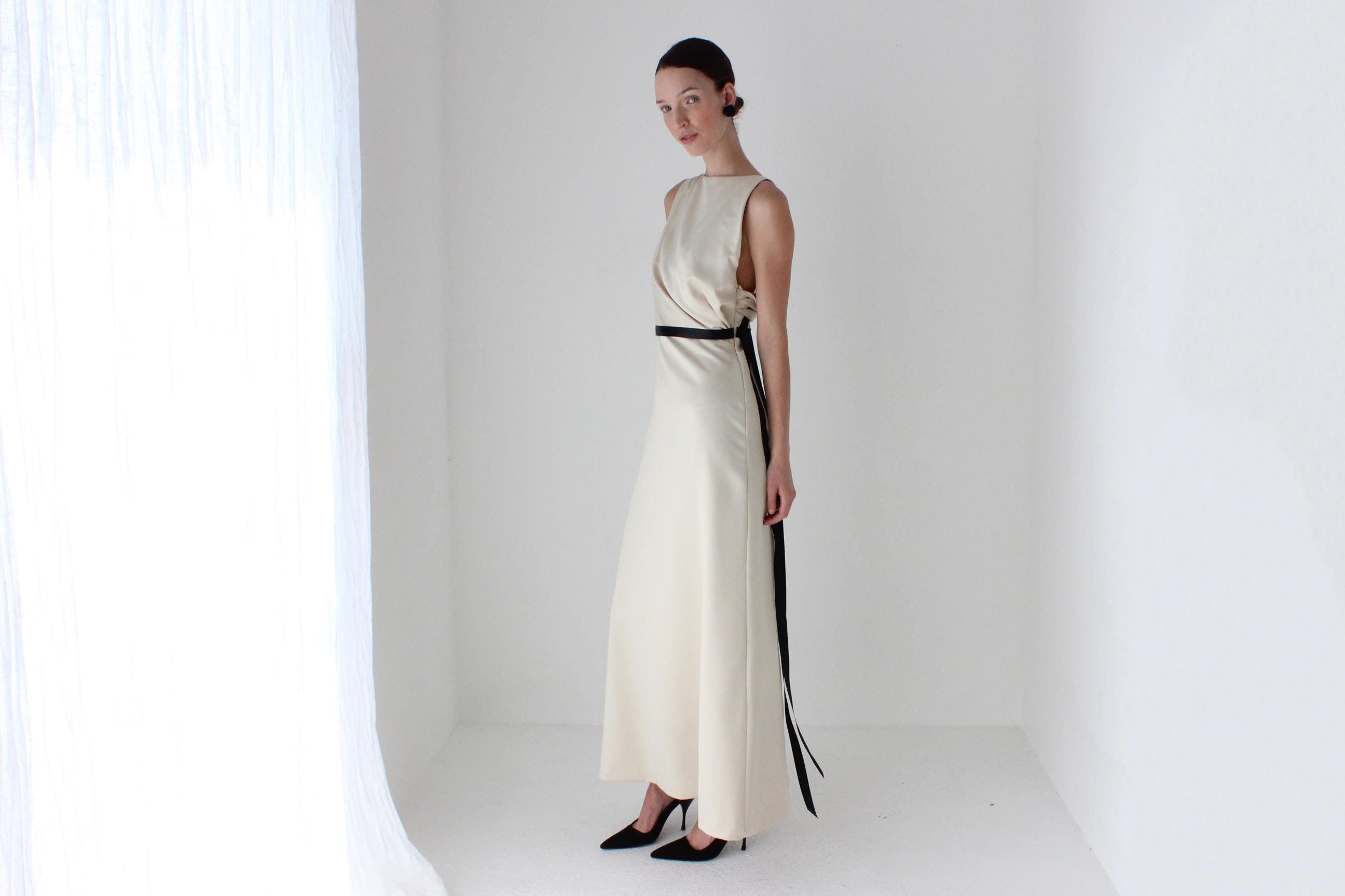 2000s LAZARO Chic Neutral Bateau Neck Column Gown w/ Asymmetric Draped Back