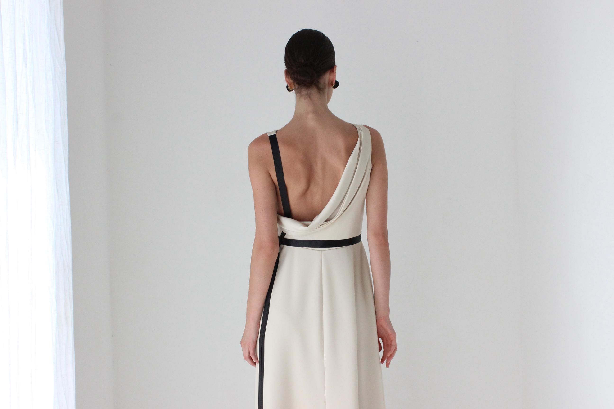 2000s LAZARO Chic Neutral Bateau Neck Column Gown w/ Asymmetric Draped Back