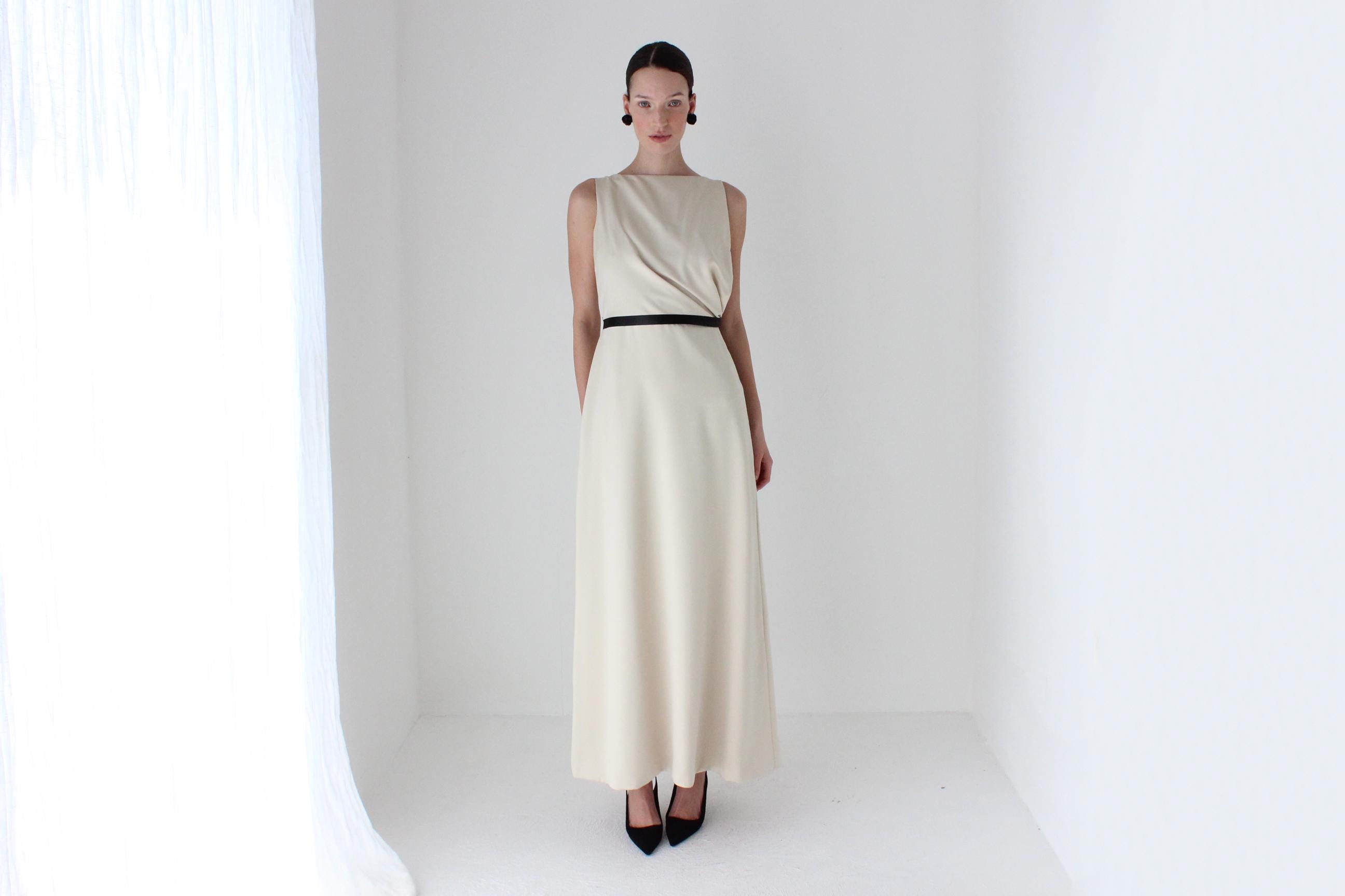 2000s LAZARO Chic Neutral Bateau Neck Column Gown w/ Asymmetric Draped Back