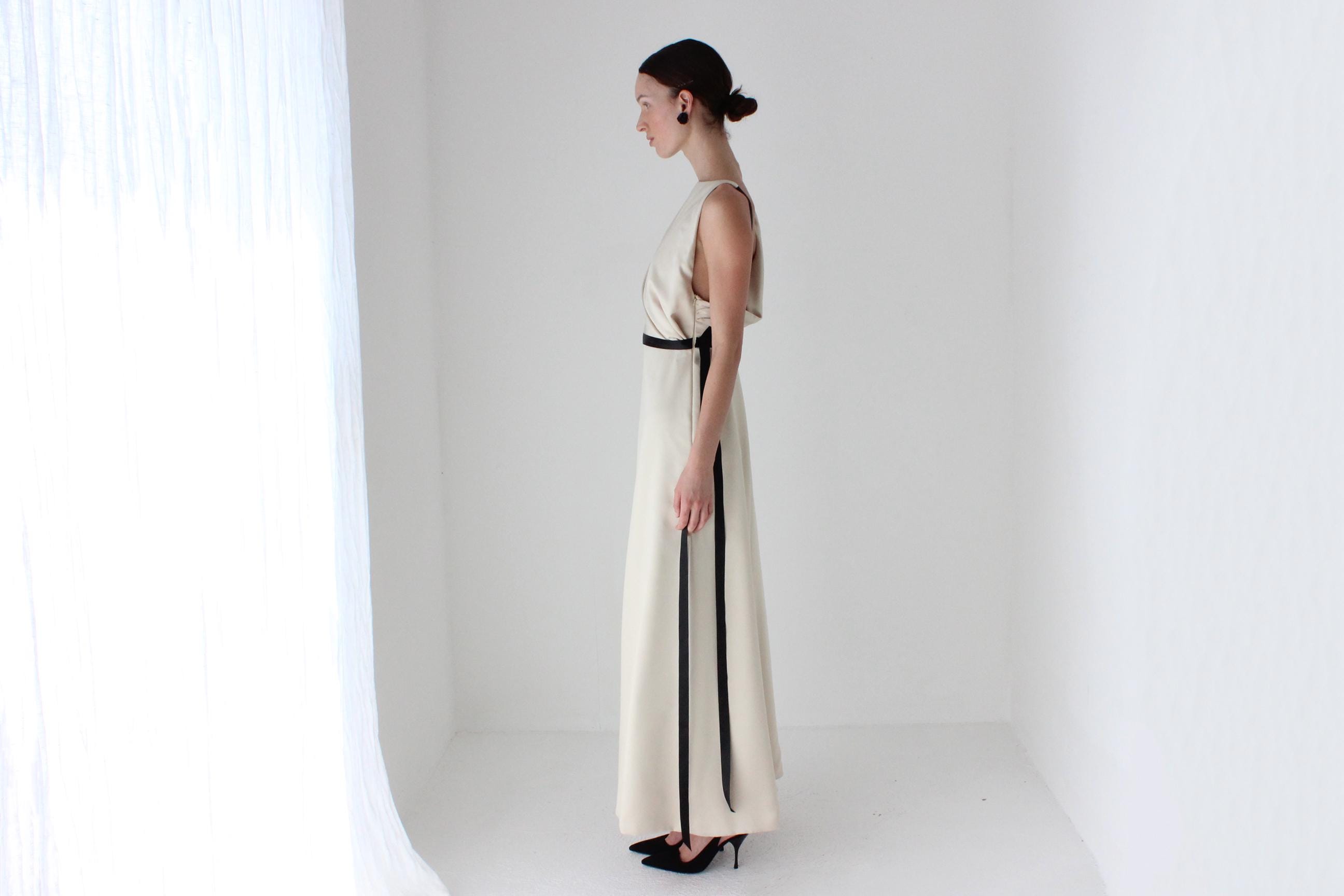 2000s LAZARO Chic Neutral Bateau Neck Column Gown w/ Asymmetric Draped Back