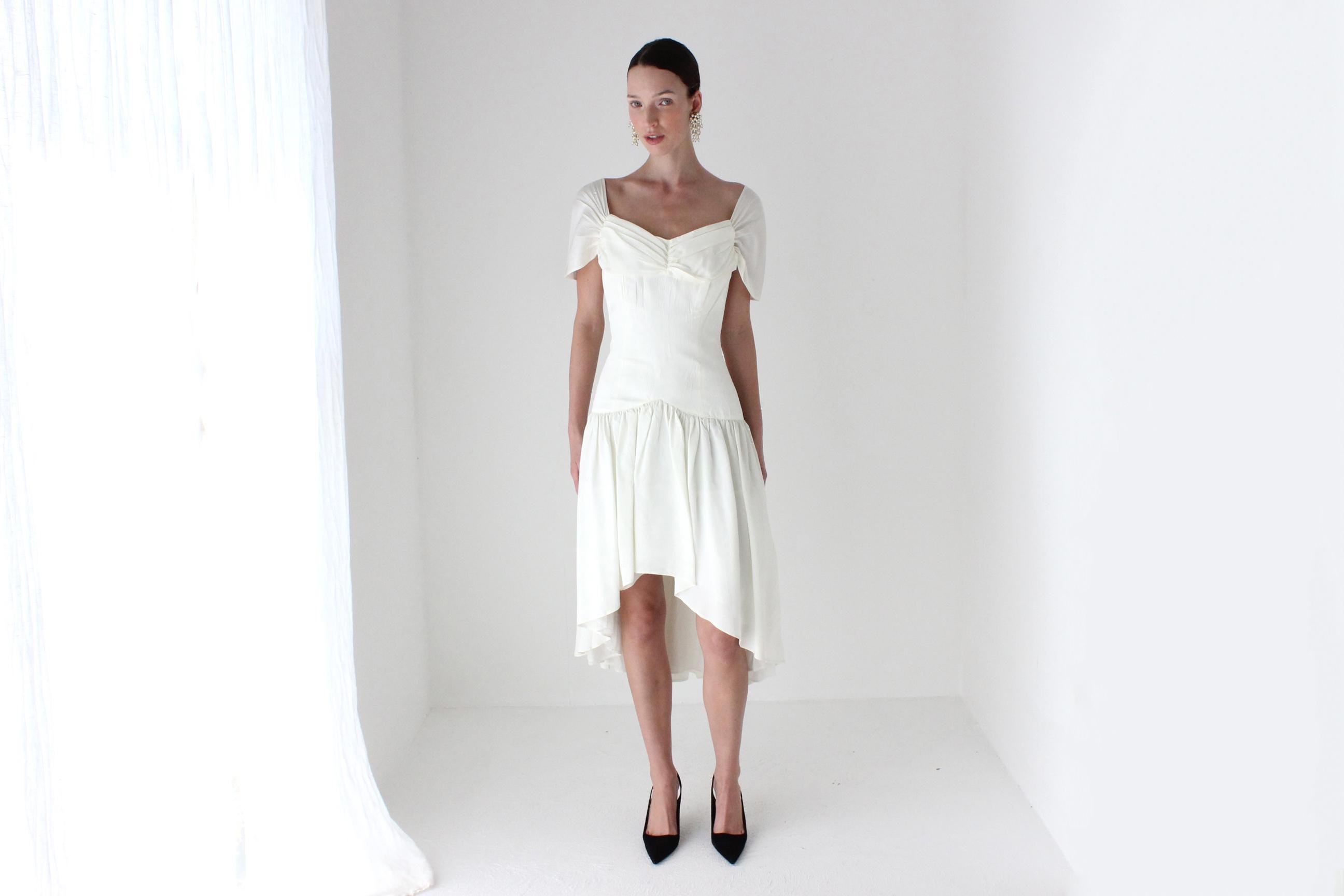 80s French Vintage Taffeta Drop Waist Party Dress