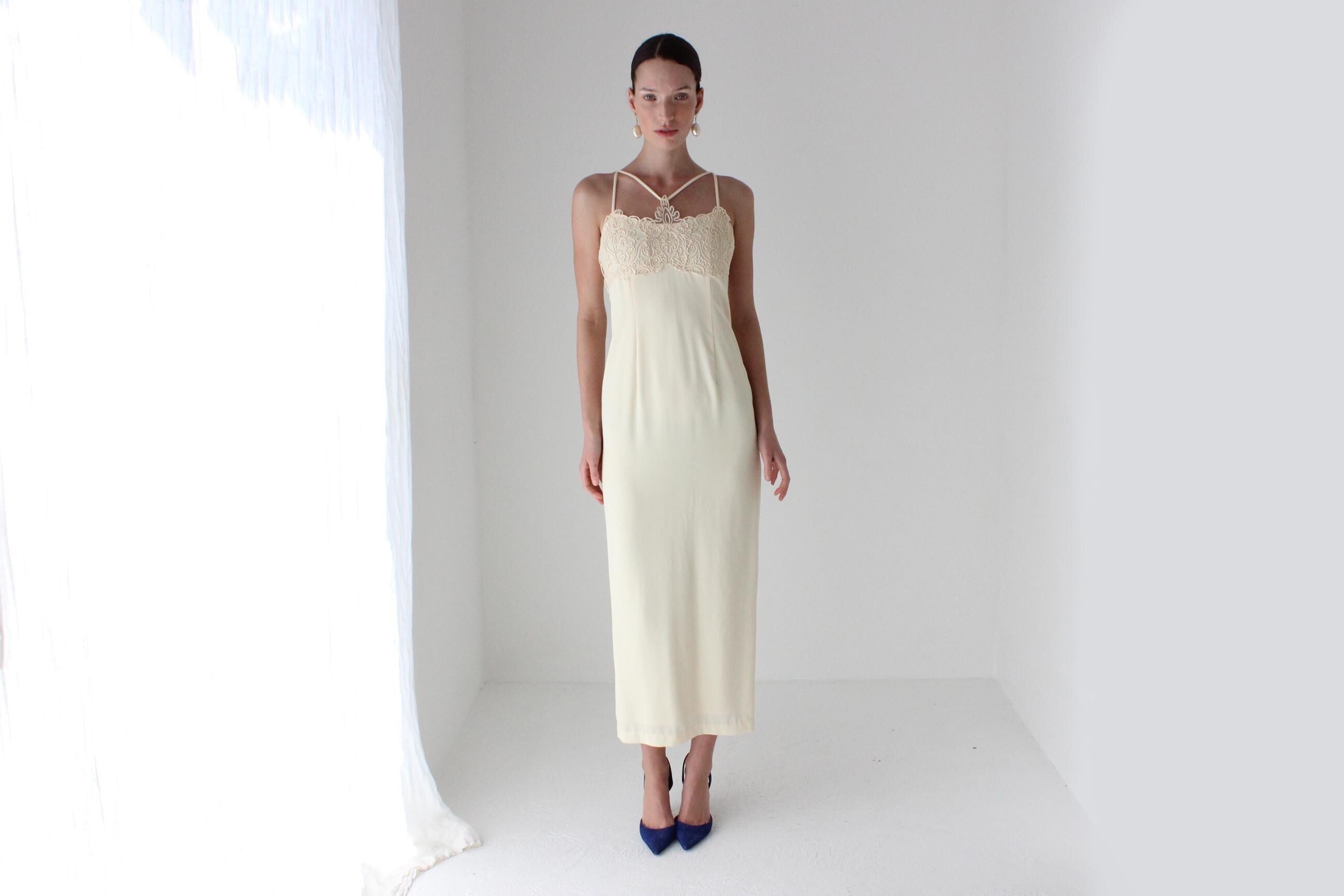 90s Mr K Embroidered Halter Column Gown