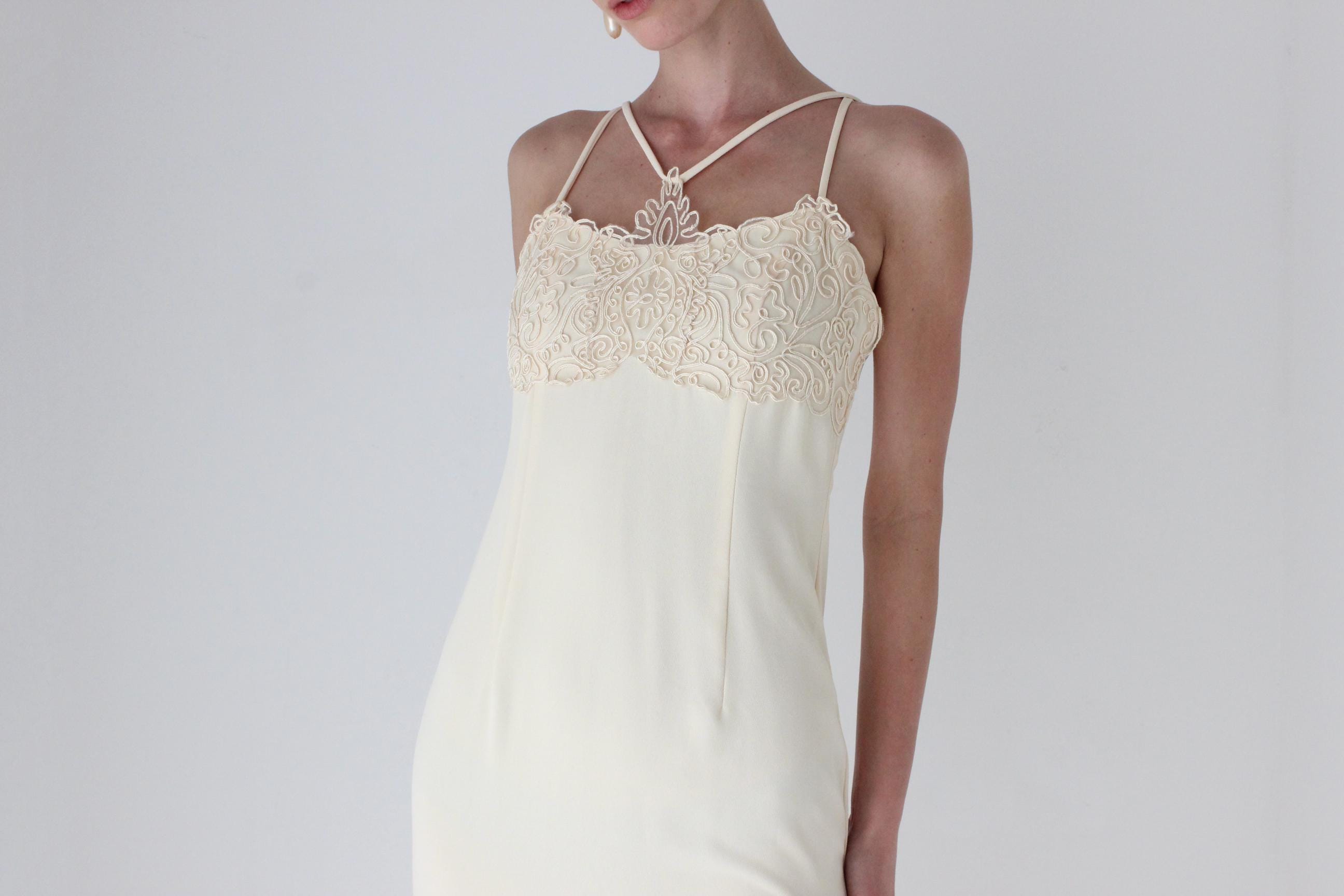 90s Mr K Embroidered Halter Column Gown