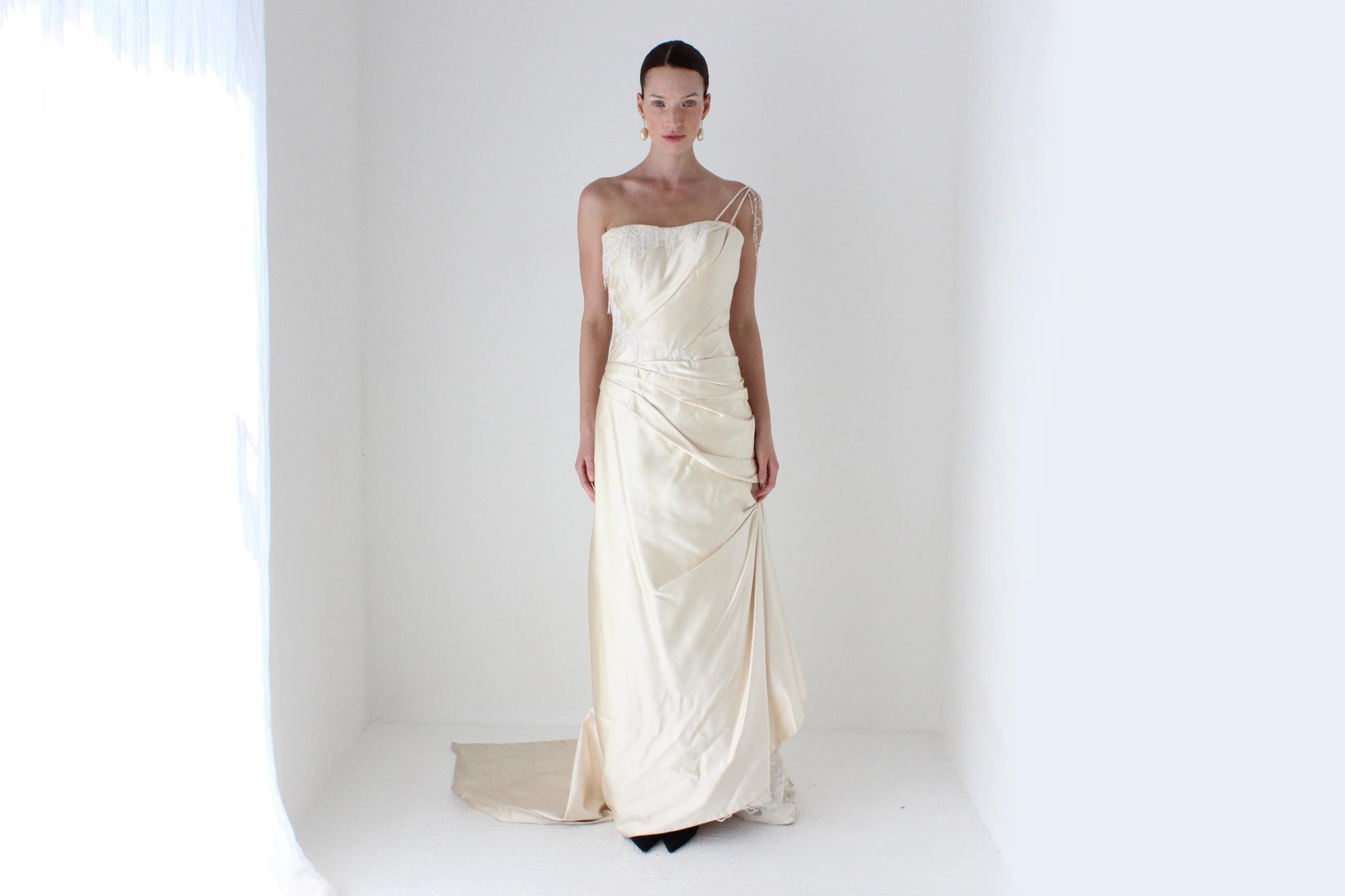 2000s Galliano Inspired Asymmetric Silk Gathered Gown w/ Beading & Lace