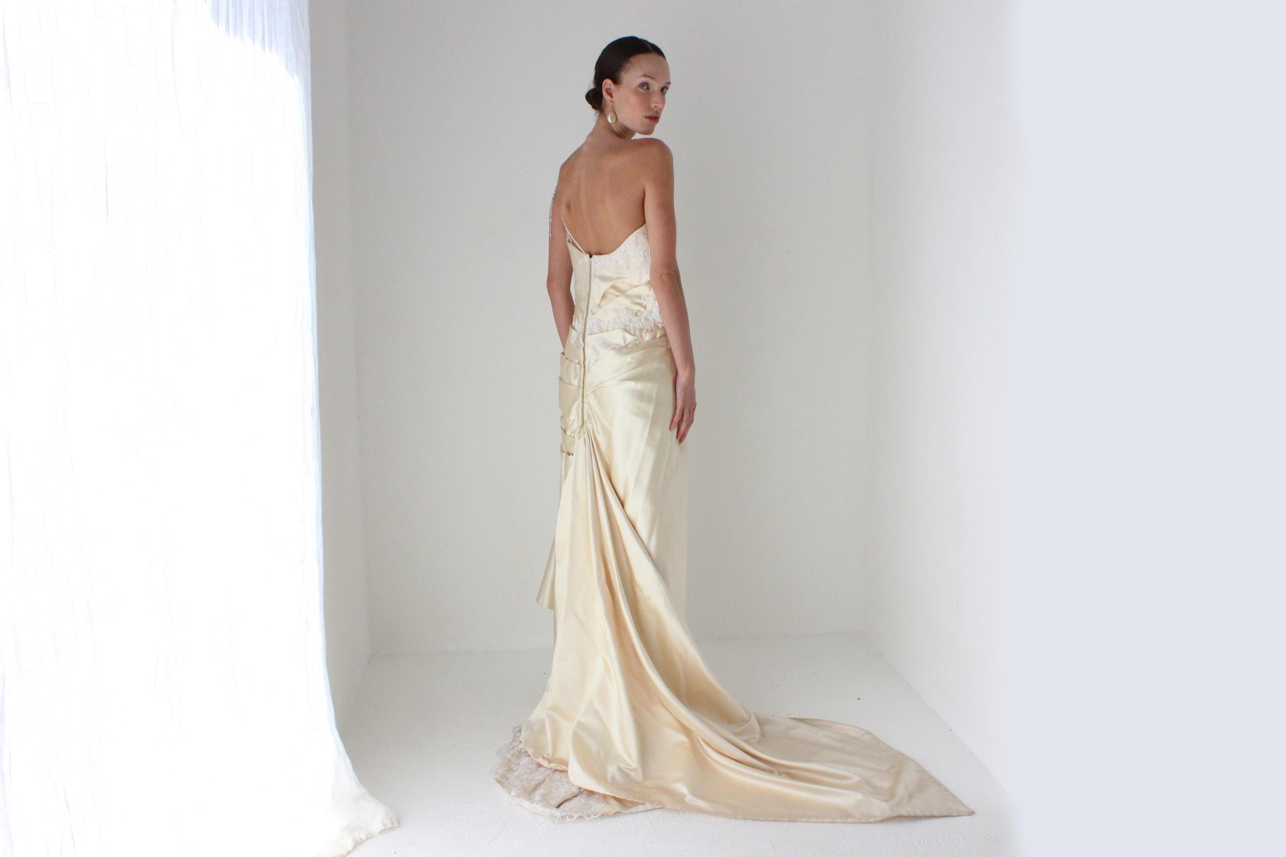 2000s Galliano Inspired Asymmetric Silk Gathered Gown w/ Beading & Lace