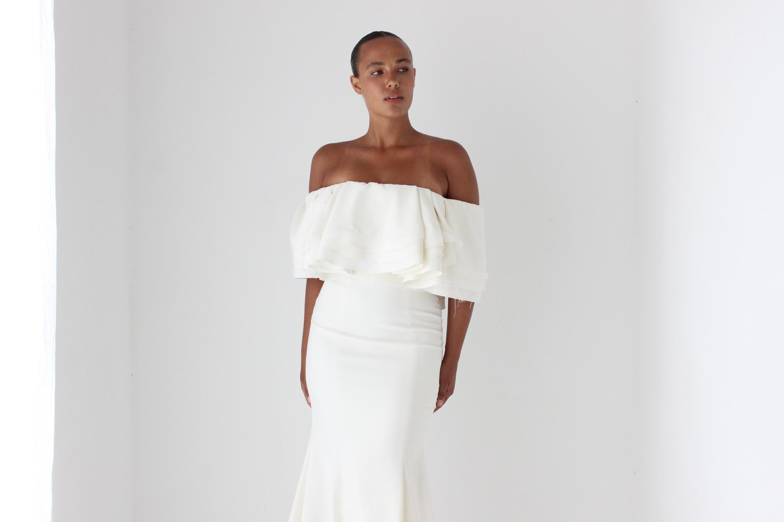 2000s Zac Posen for The White One Voluminous Off Shoulder Wedding Dress