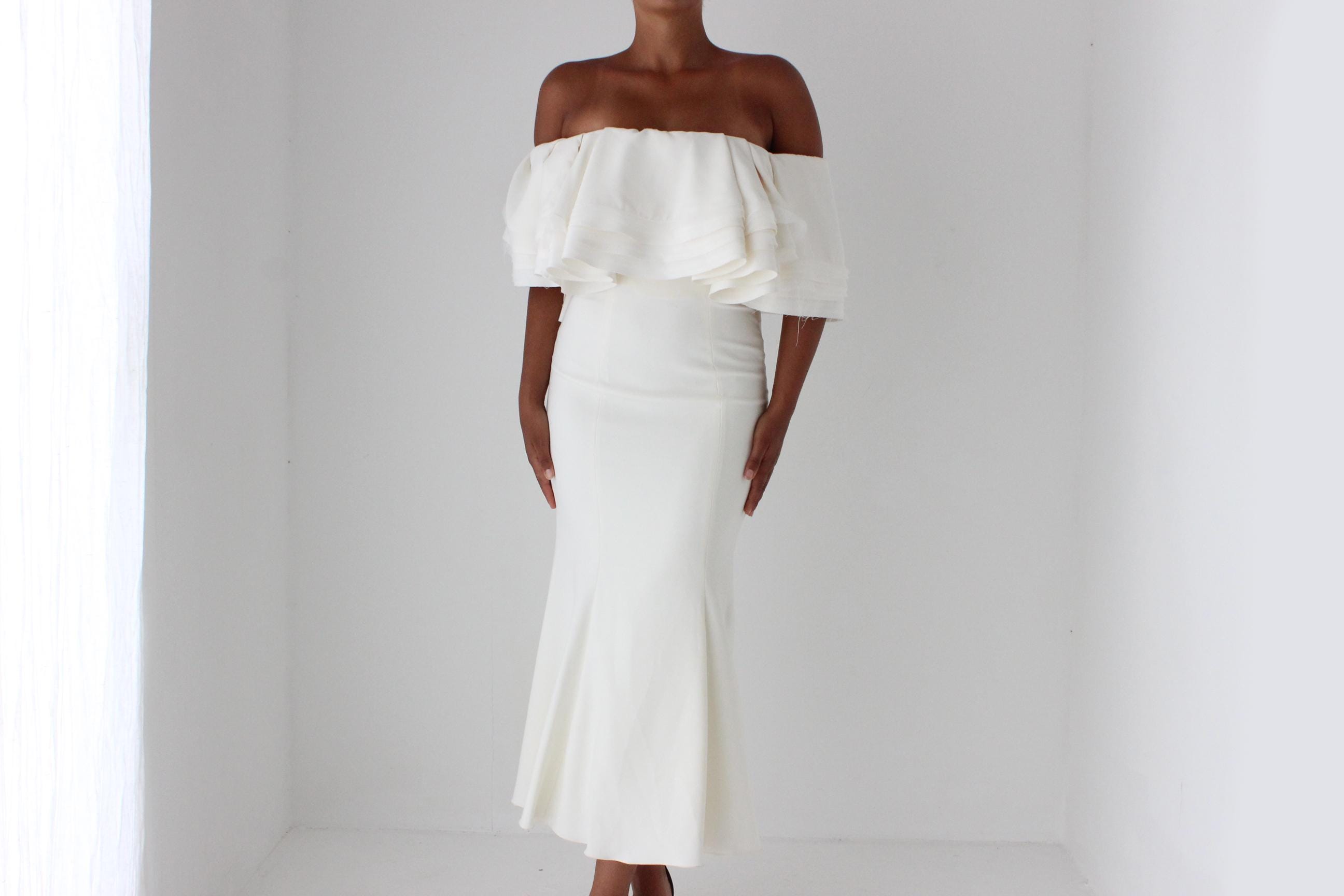2000s Zac Posen for The White One Voluminous Off Shoulder Wedding Dress