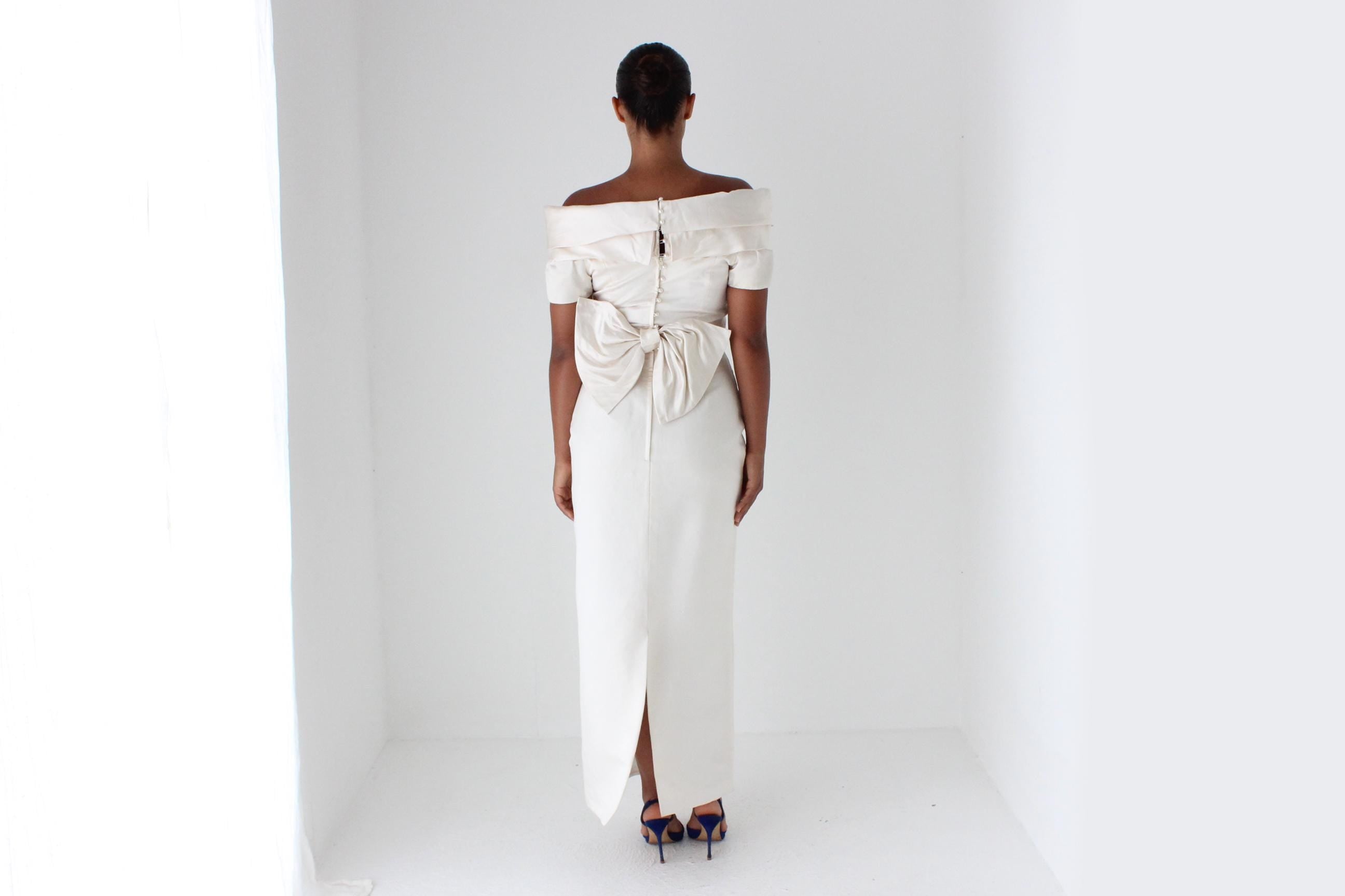 1990s Duchess Silk Off Shoulder Hourglass Gown w/ Back Bow + Detachable Train