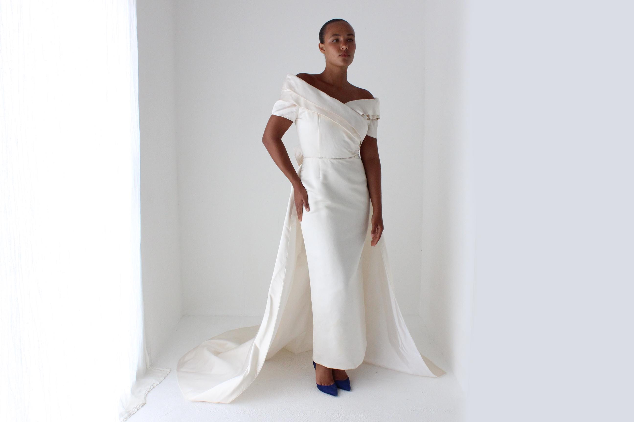 1990s Duchess Silk Off Shoulder Hourglass Gown w/ Back Bow + Detachable Train