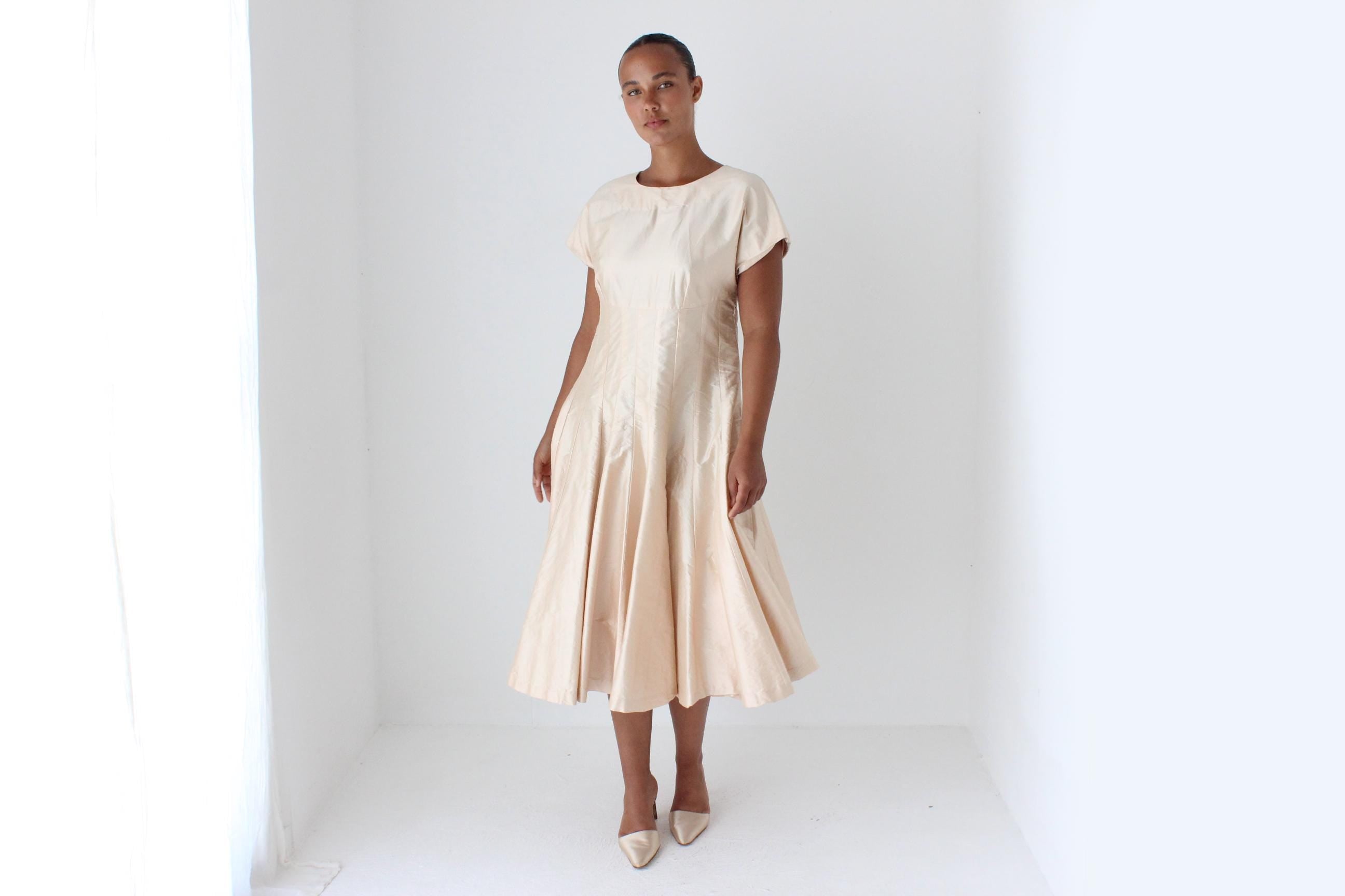80s Raw Silk Rosewater Taffeta Cocktail Dress