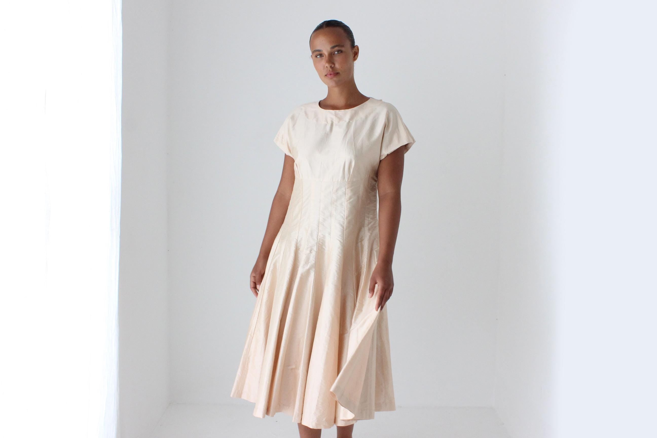 80s Raw Silk Rosewater Taffeta Cocktail Dress