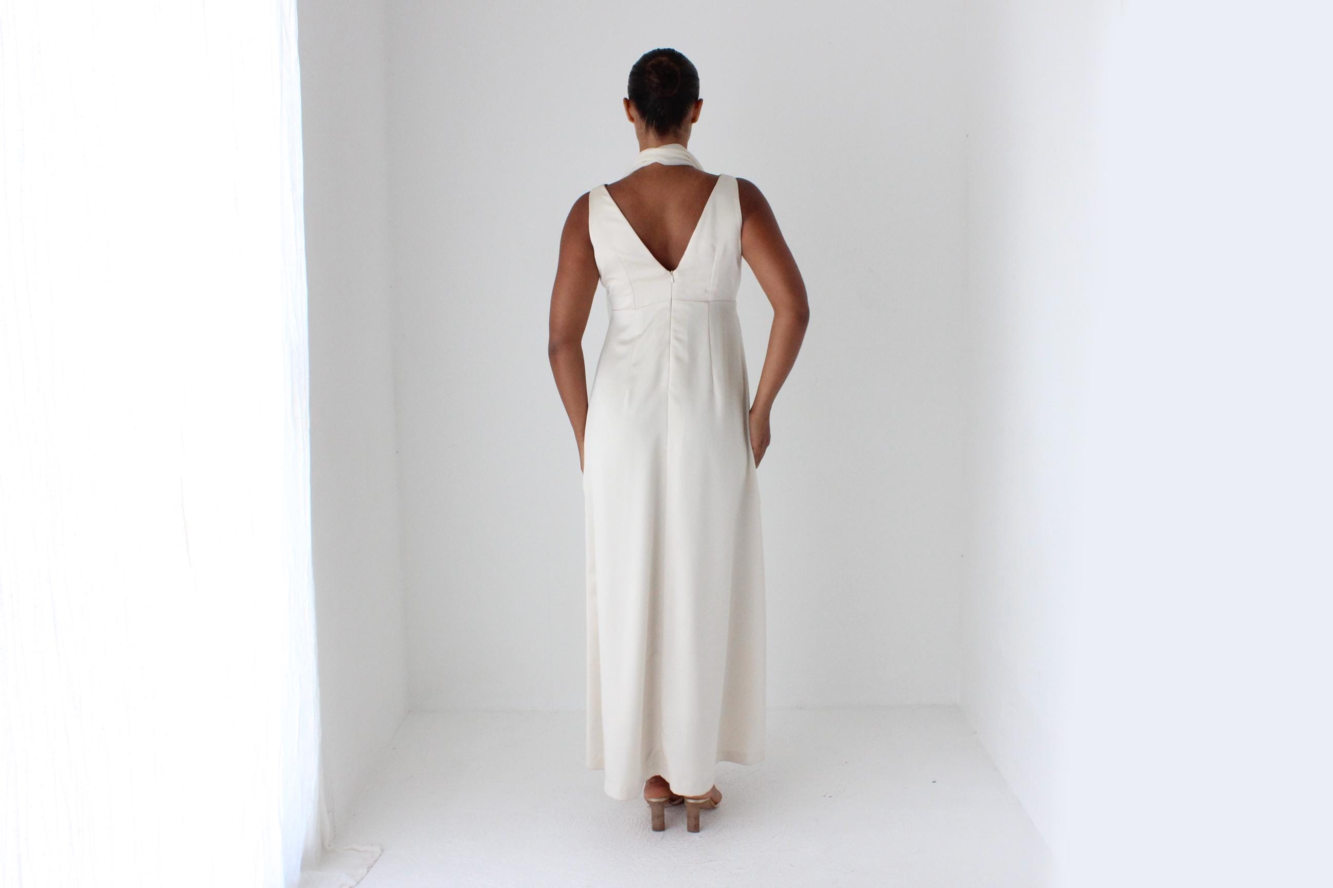 90s Neutral Satin Plunge Neck Empire Waist Gown