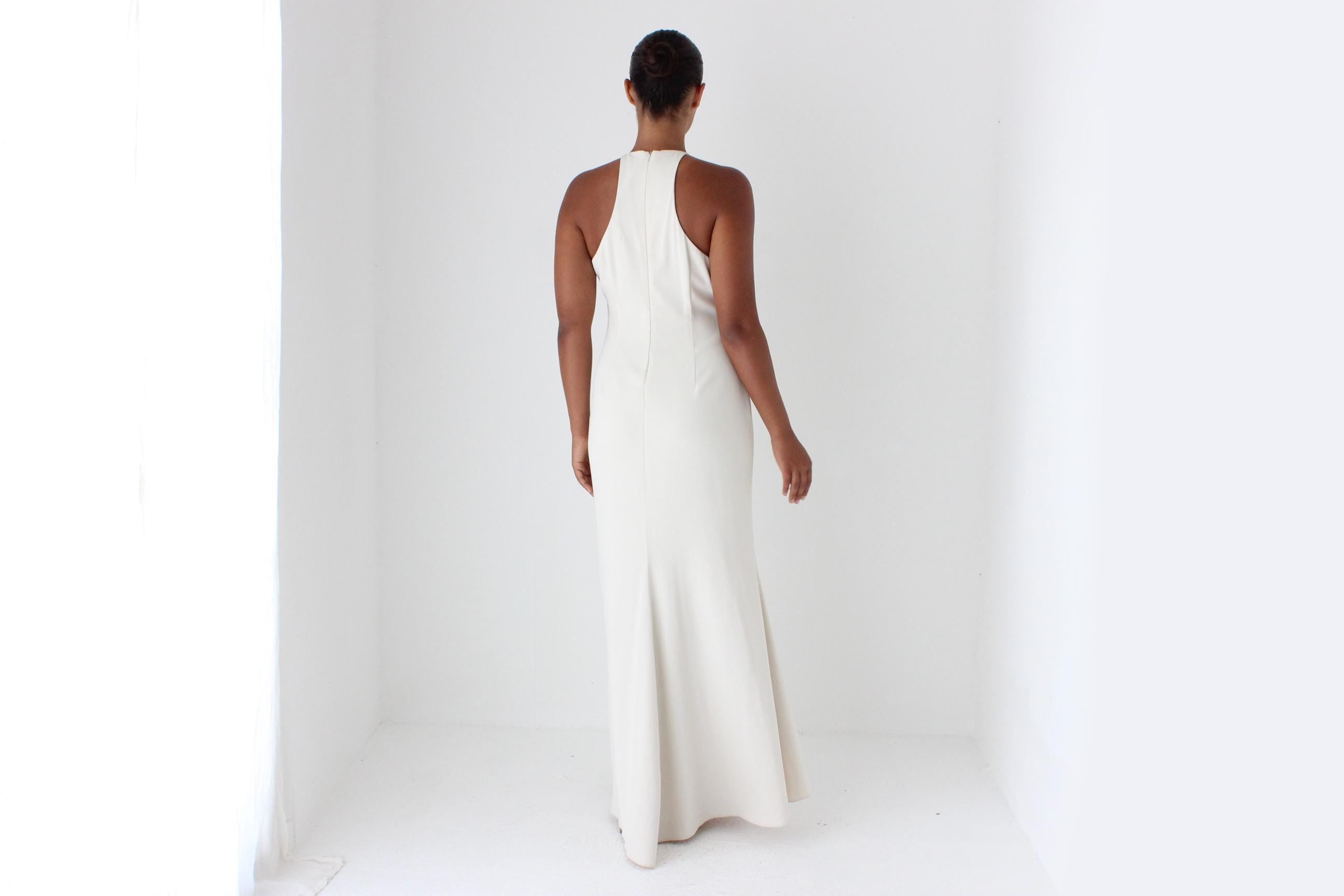 90s High Neck Neutral Crepe Gown