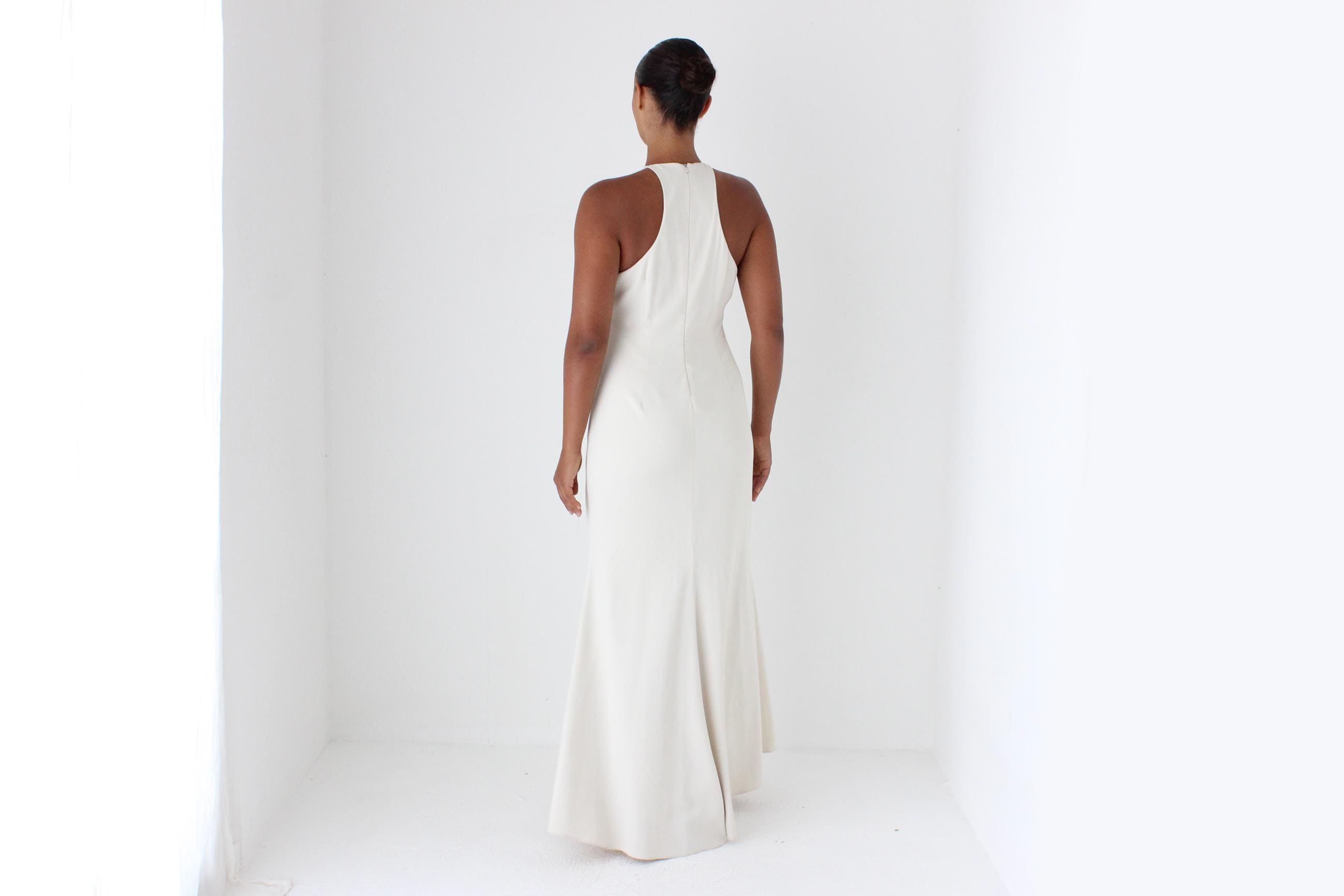 90s High Neck Neutral Crepe Gown